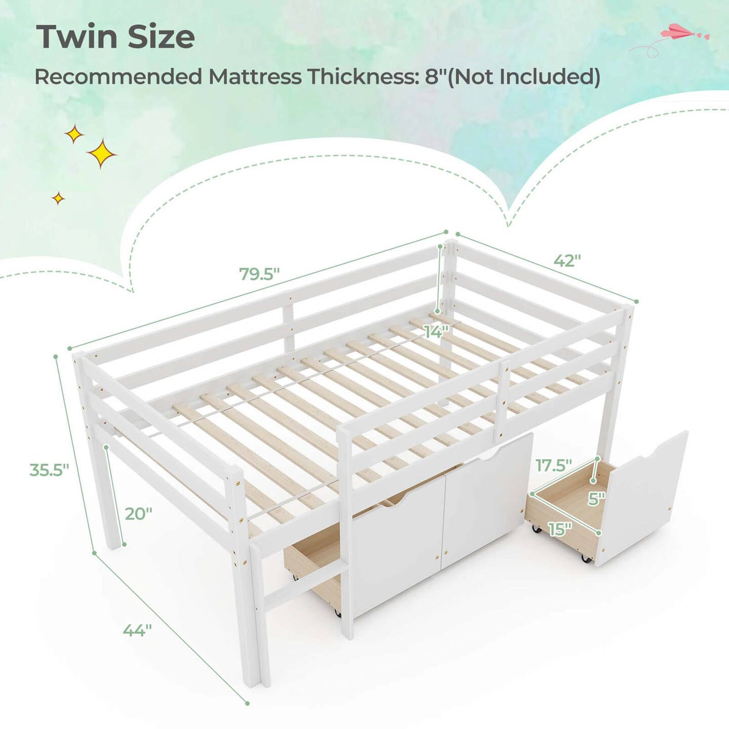 Costway Twin Size Low Loft Bed with 3 Drawers Ladder & Full-length Guardrails Storage White/Grey