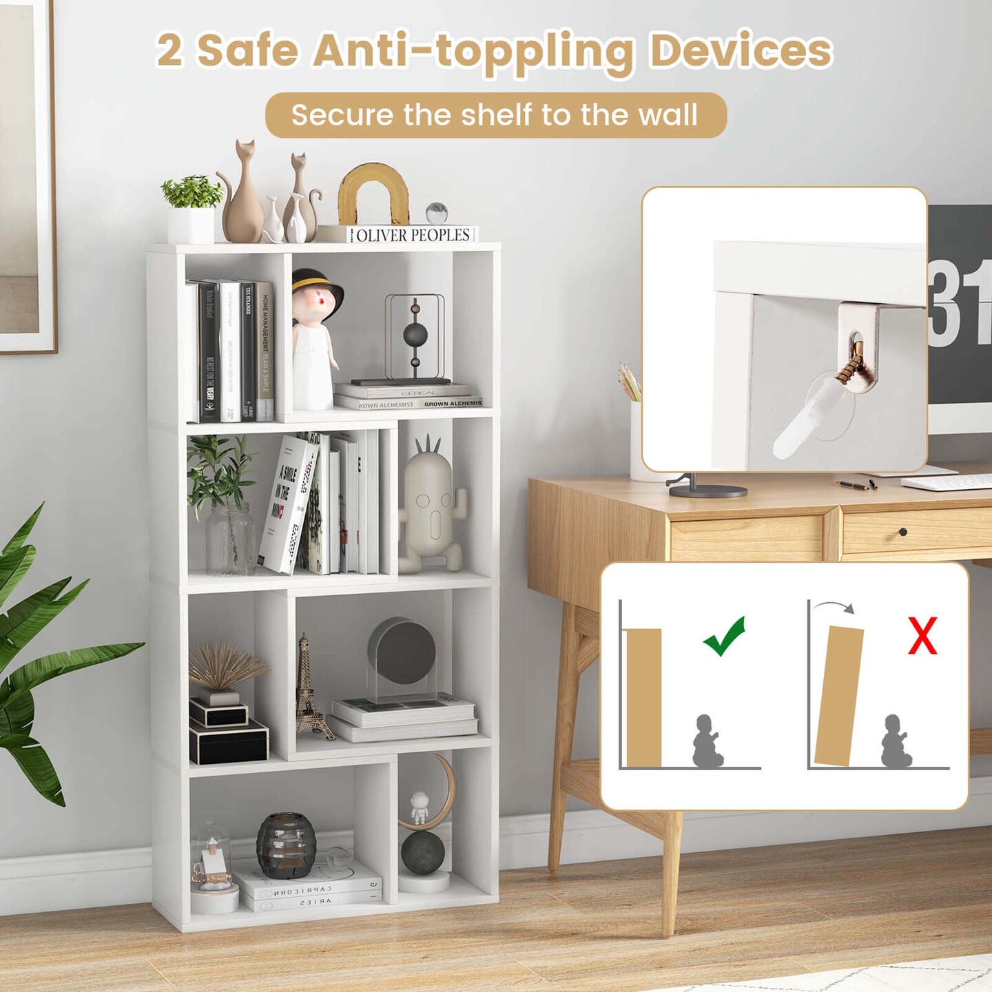 Costway 48" Geometric Bookshelf Open-back Bookcase with 8 Cubes 2 Anti-Toppling Devices White/Natural/Grey