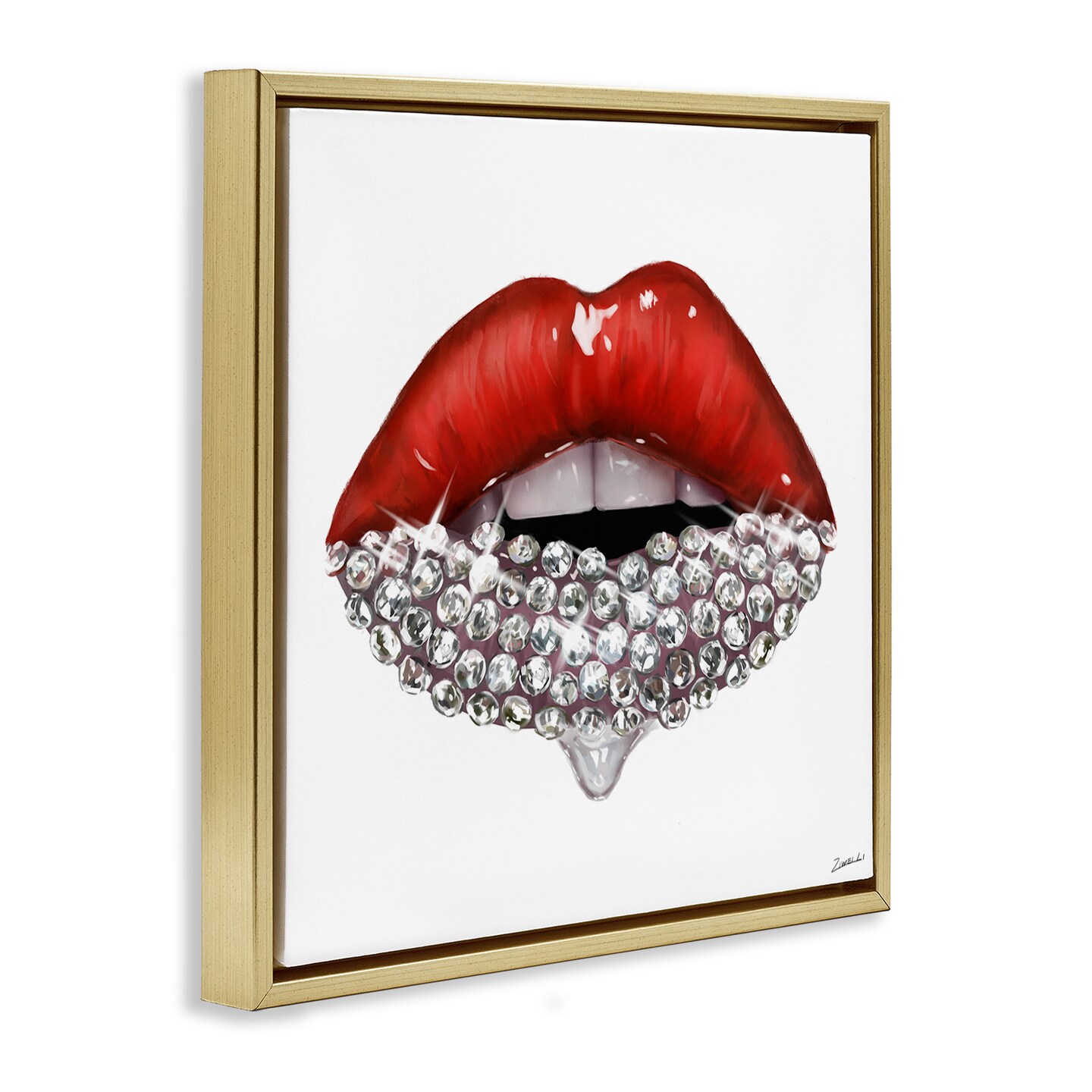 Stupell Industries Red Glam Lips with Gemstones Framed Floater Canvas Wall Art