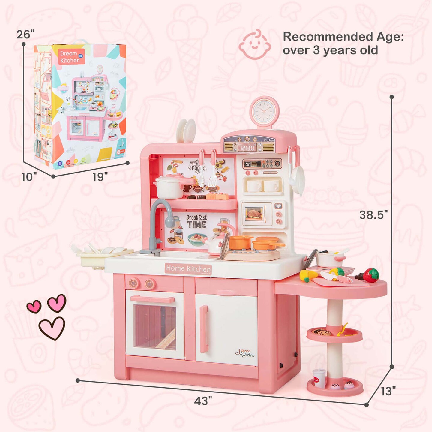 Costway Kids Pretend Kitchen Playset Role Play Kitchen Play Toy with Sink Oven Microwave Pink/Grey