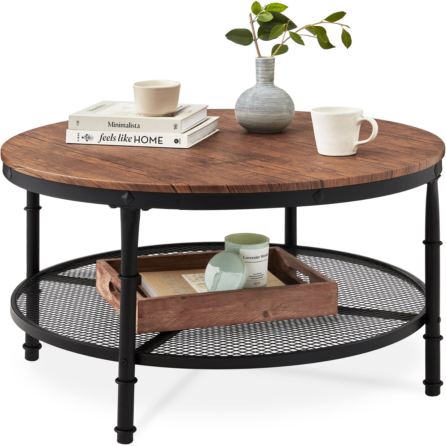 Best Choice Products 2-Tier Round Coffee Table, Rustic Accent Table w/ Wooden Tabletop, Padded Feet, Open Shelf