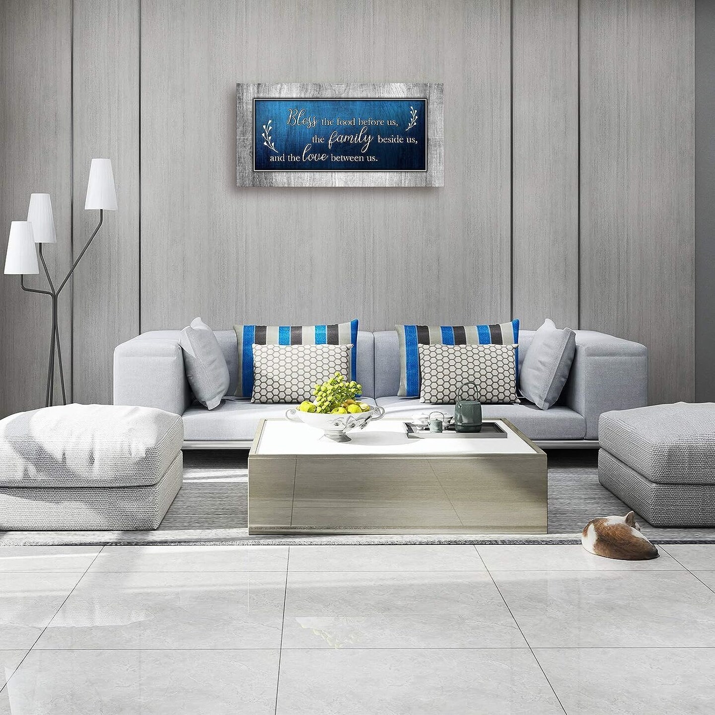 Christian Wall Art Decor Blue and Grey Canvas Prints Bless The Food Quote Wall Pictures Framed Artwork for Home Living Room Dining Room Kitchen Decoration