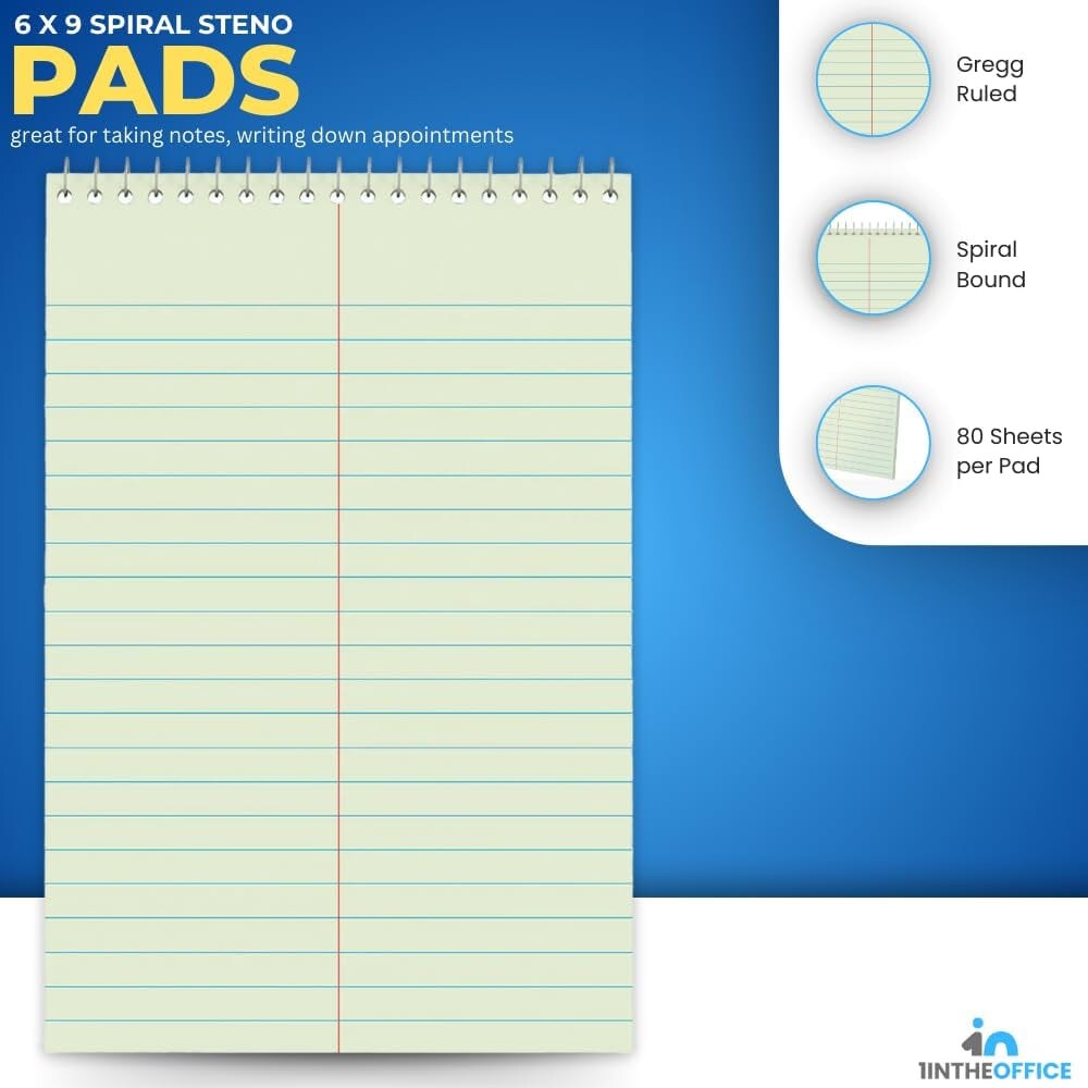 Steno Pads 6X9, Steno Pads, Spiral Steno Pads, Gregg Rule, Green Tint, 6 X 9, 80 Sheets, 12 Pack