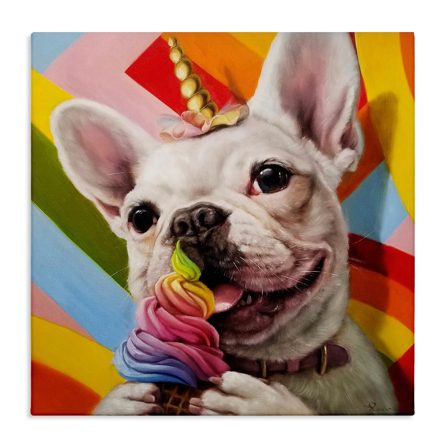 Stupell Industries Rainbow French Bulldog Ice Cream Canvas Wall Art