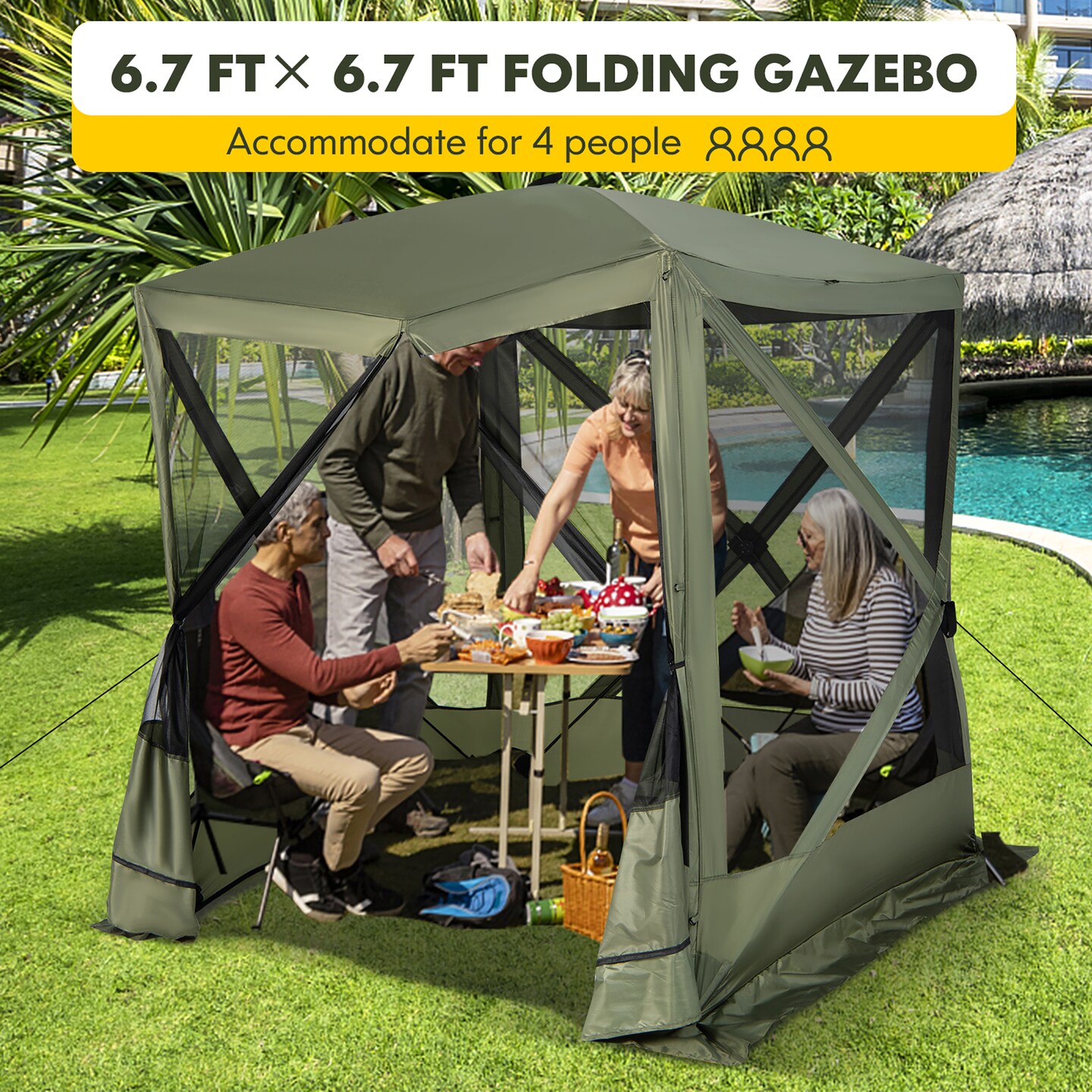 Costway 6.7 FT x 6.7 FT 4-Panel Pop up Camping Gazebo Quick-Set with 2 Sunshade Cloths Coffee/Green
