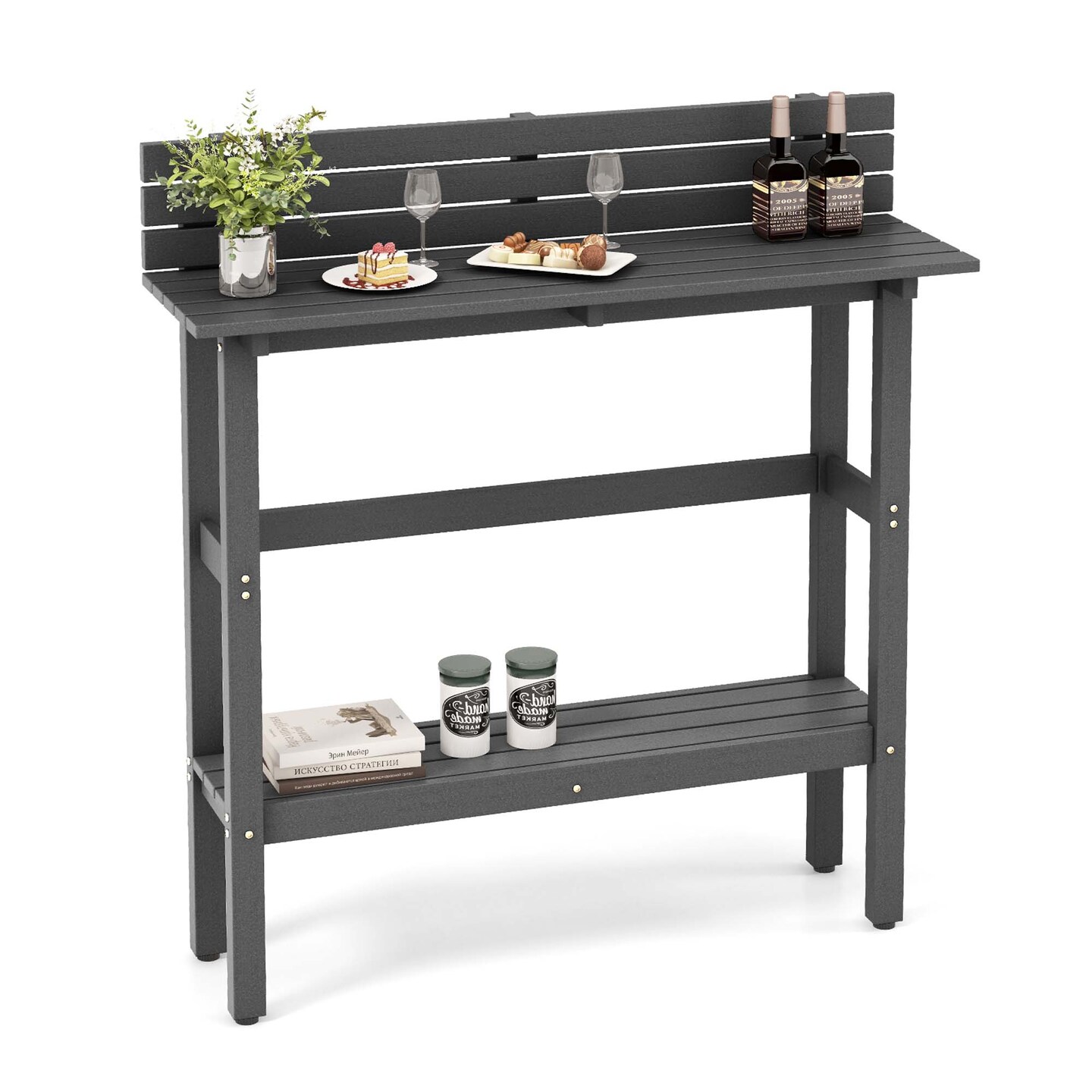 Costway 48&#x22; Outdoor Bar Table with Storage Shelf &#x26; Adjustable Foot Pads for Hot Tub Brown/Gray