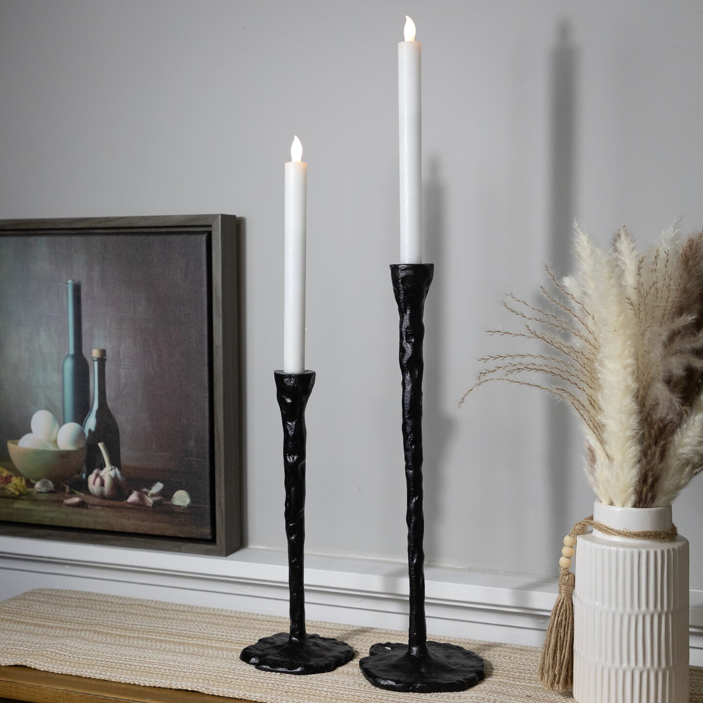 Northlight Slim Hammered Metal Taper Candle Holders - 16" - Black - Set of 2