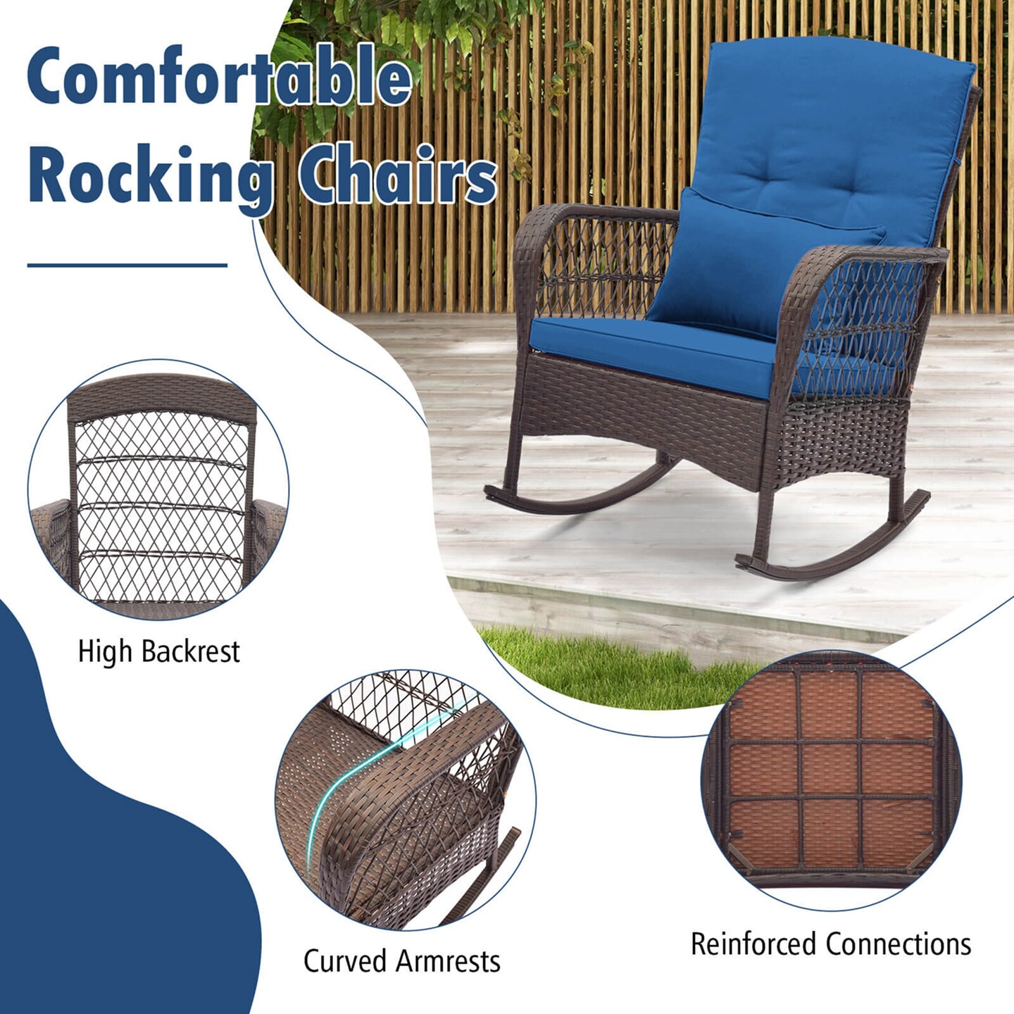 Costway 3 PCS Patio Rocker Set Outdoor Wicker Rocking Chairs with Double-Layer Coffee Table Gray/Navy/Beige/Red
