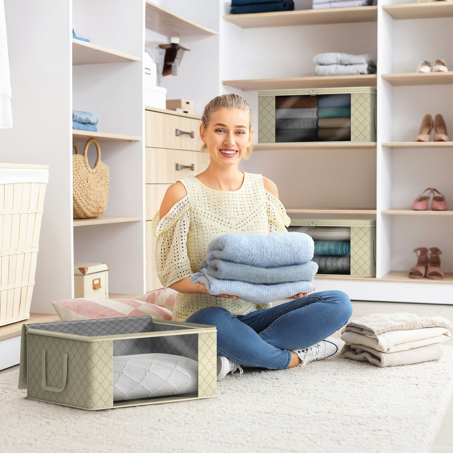 Sorbus Medium Clothes Storage Bags 6 Pack - Foldable Blanket Organizer Bins with Window, Lids, and Handles