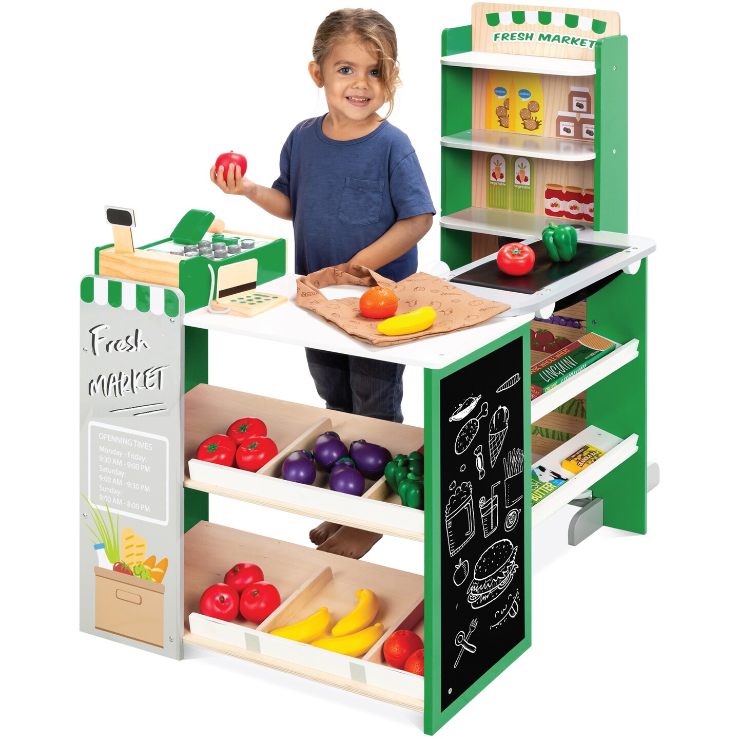 Best Choice Products Kids Pretend Play Grocery Store Wooden Supermarket Set w/ Chalkboard, Cash Register