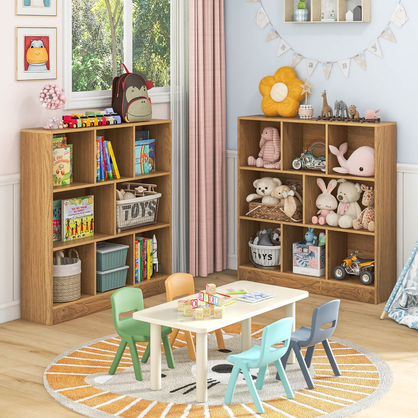 Costway 8-Cube Bookcase 41&#x22; Wooden Toy Storage Organizer for Kids Bookshelf Natural/White