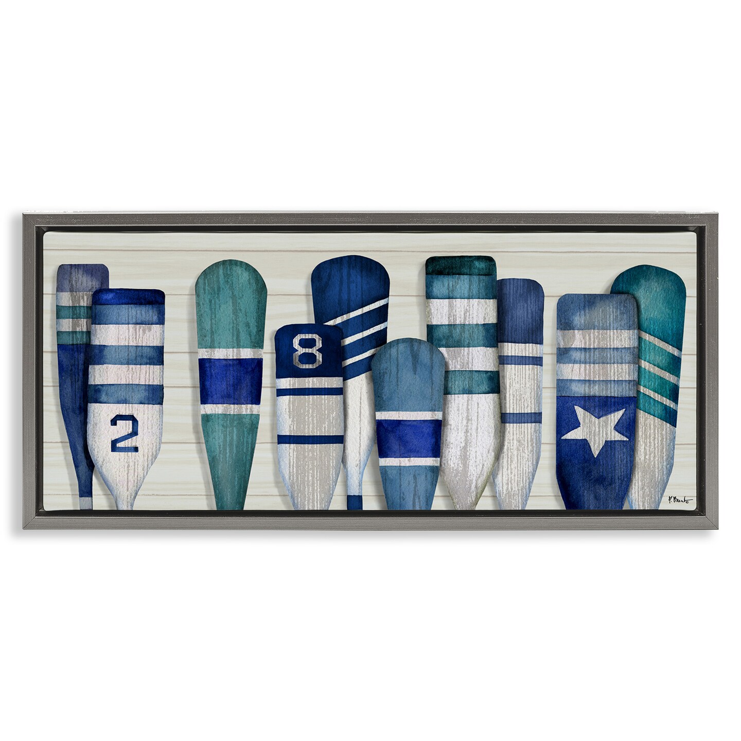 Stupell Industries Port Oars Nautical Blue Patterns Framed Floater Canvas Wall Art