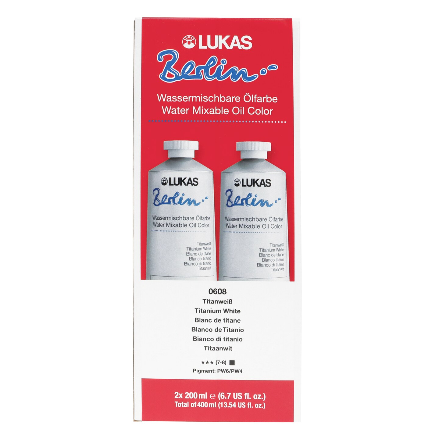 Lukas Berlin Pro Artists Water Mixable Oil Paint, 200mL Titanium White - Set of 2 Tubes, Easy Clean-Up Water Soluble Oil Paints, Smooth Texture w/ Beeswax, Lightfast Pigments, Quick Dry, Eco-Friendly