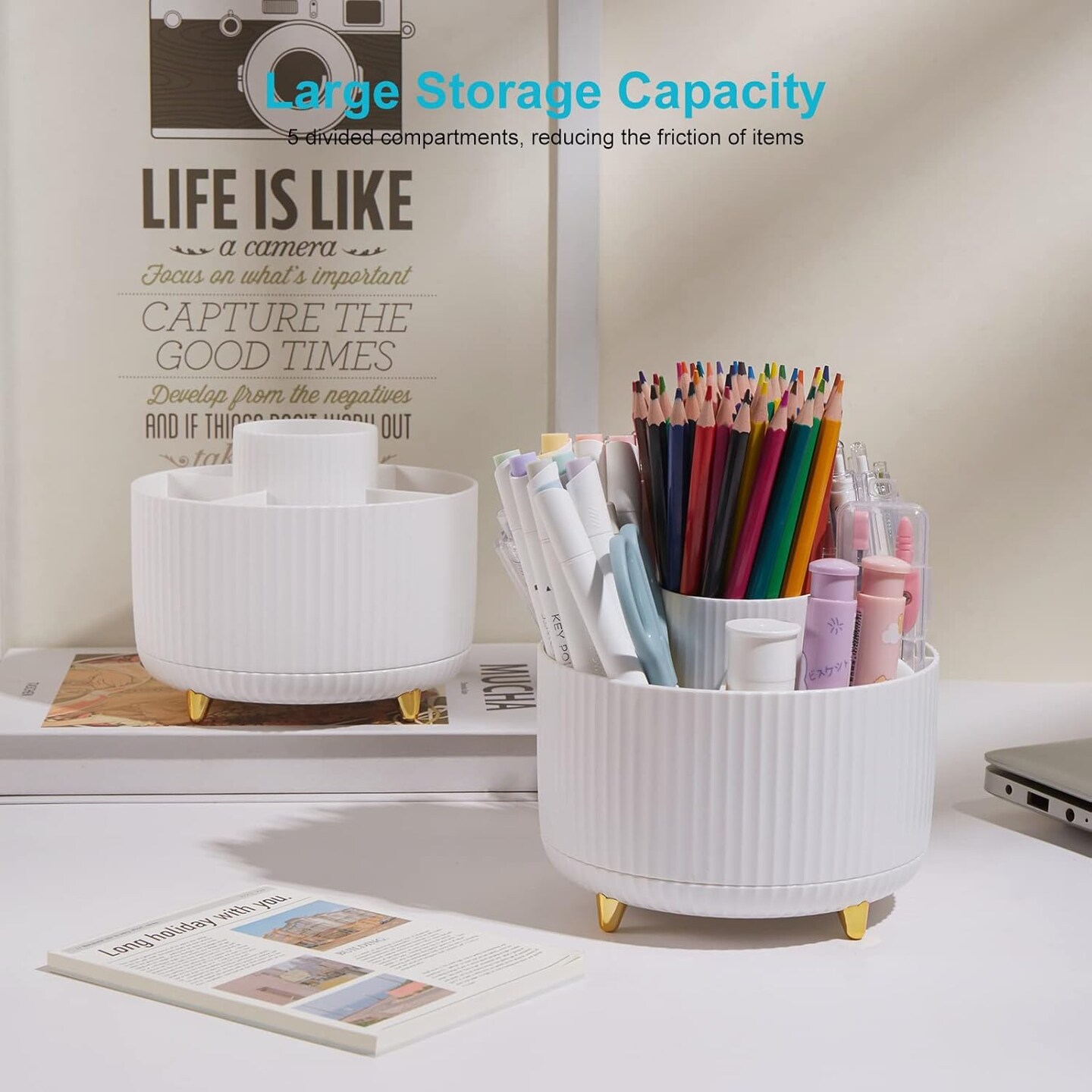 Desk Pencil Pen Holder, 5 Slots 360 Degree Rotating Desk Pen Organizer for Desk Desktop Storage Stationery Supplies White Cup Pot for Office, School, or Home Art Supplies