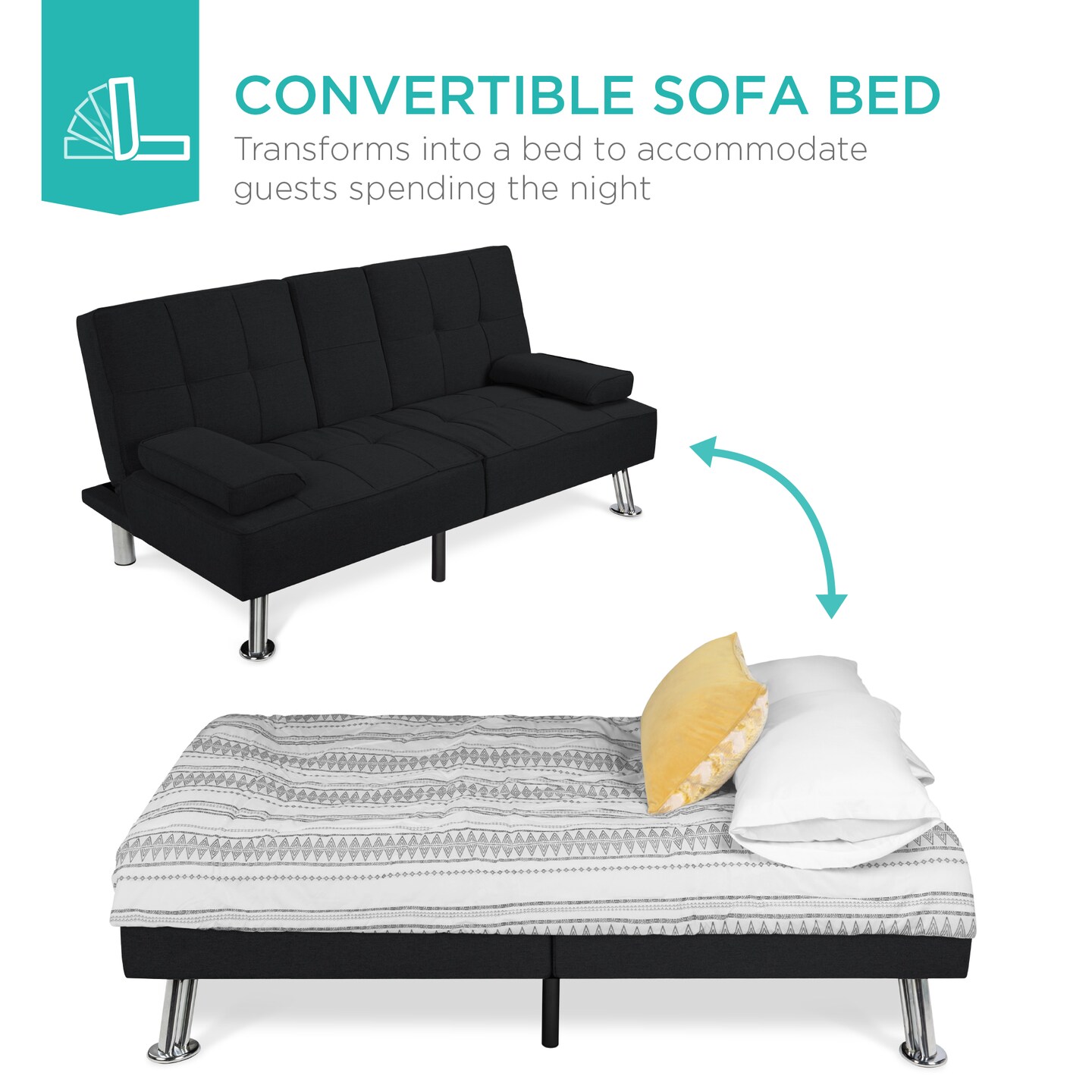 Best Choice Products Modern Linen Convertible Futon Sofa Bed w/ Removable Armrests, Metal Legs, Cupholders