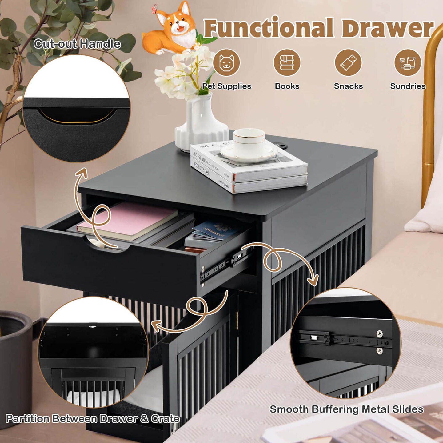 Costway 2-In-1 Furniture Dog Crate with Drawer Wired &#x26; Wireless Charging Side End Table Black/White/Rustic Brown