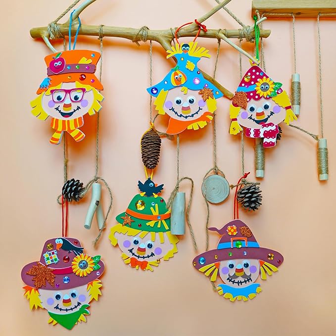24 sets Fall Scarecrow Head Craft Kits. Autumn Harvest Scarecrow Tree Ornaments Art Sets Small Scarecrow Crafts for Kids: Thanksgiving Festival Activities. Art Project Party Favors
