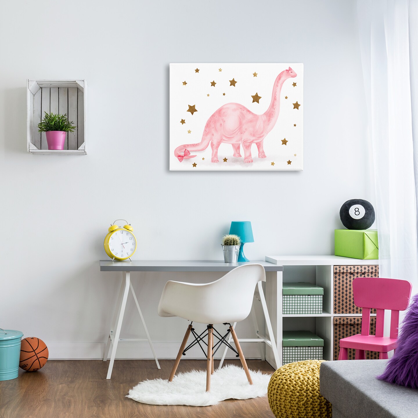 Stupell Industries Pink Dinosaur with Gold Stars Canvas Wall Art