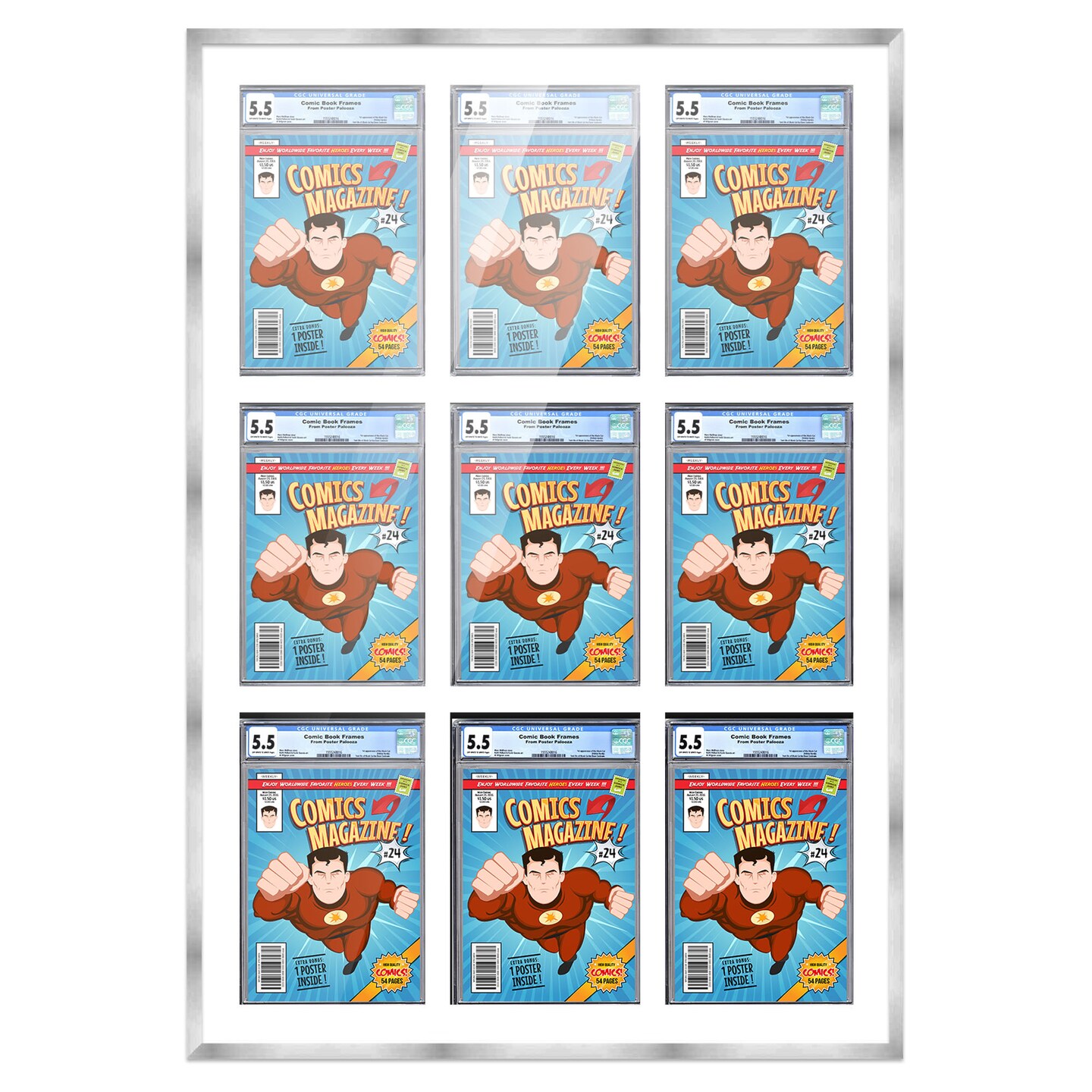 Comic Book Display Frame for CGC, PGX Graded, Slabed Comics - Silver Wood Comic Frame With White Mat for 8.125x13 Comics, 18 Frame Sizes