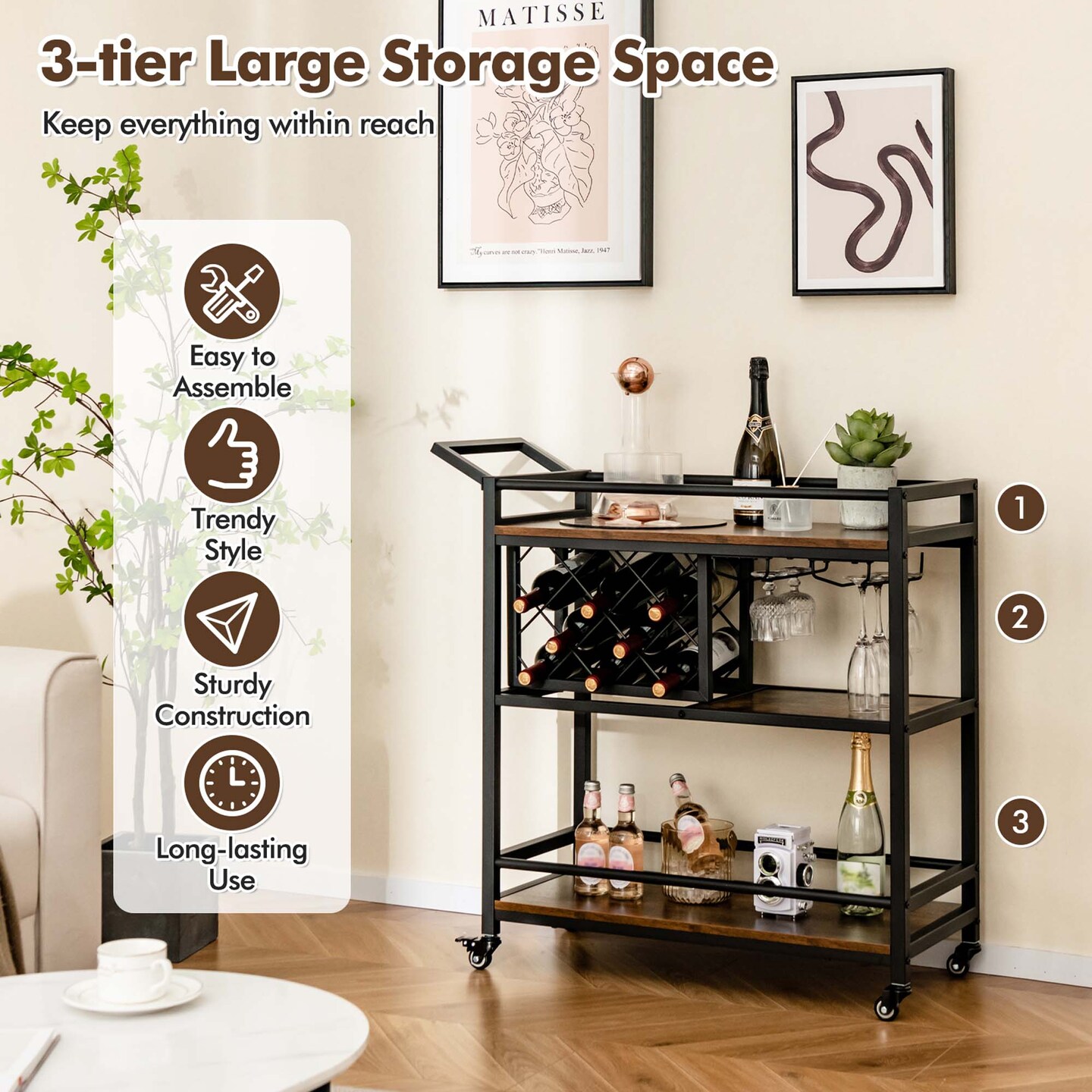 Costway 3-tier Bar Cart on Wheels Home Kitchen Serving Cart with Wine Rack &#x26; Glass Holder Rustic Brown/Brown