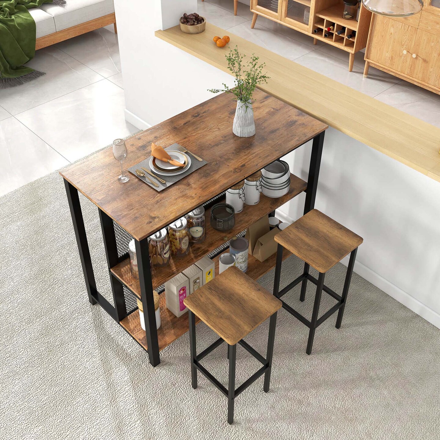 Costway 36" Tall 3-Tier Bar Table with Storage Metal Frame Adjustable Foot Pads Rustic Brown/Grey
