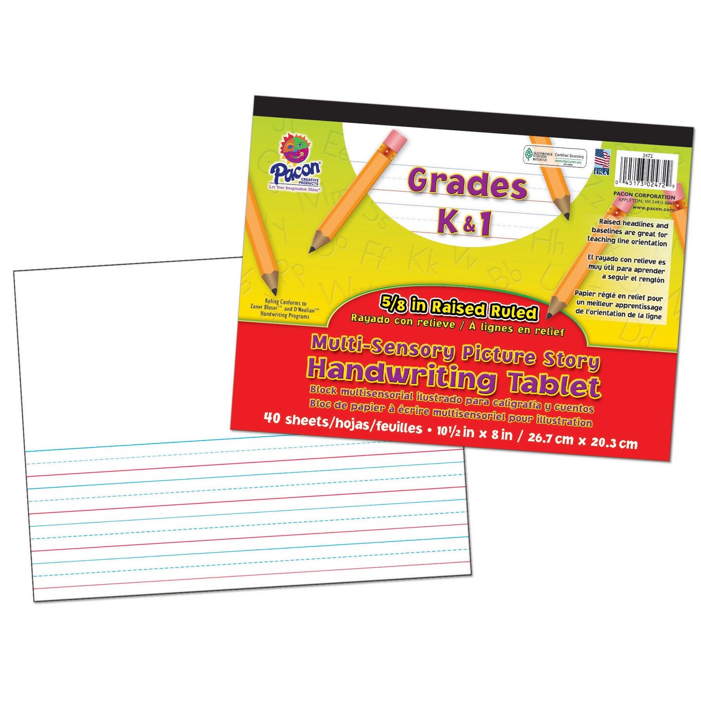 Multi-Sensory Raised Ruled Tablet, Tape Bound, 5/8" x 5/16" x 5/16" Picture Story Ruled Long, 10-1/2" x 8", 40 Sheets