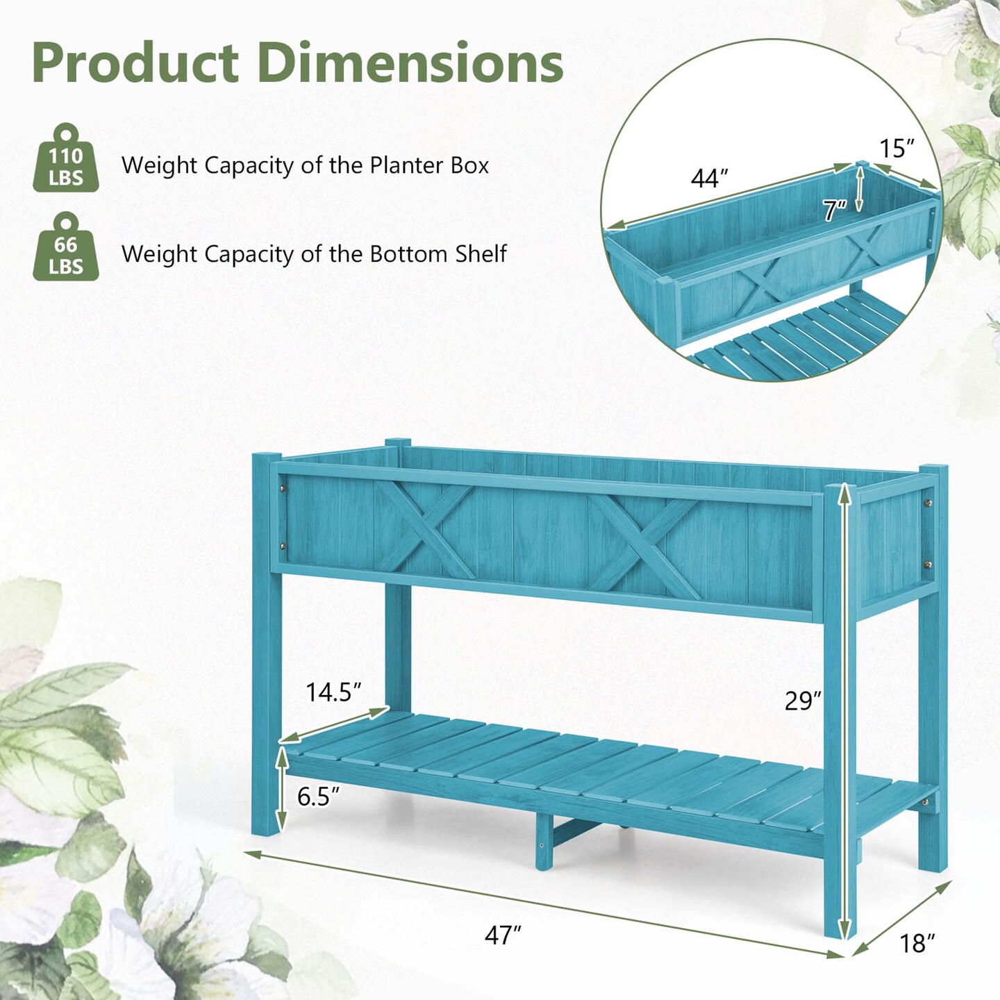 Costway HIPS Raised Garden Bed Poly Wood Elevated Planter Box with Legs, Storage Shelf Blue/Coffee/Black