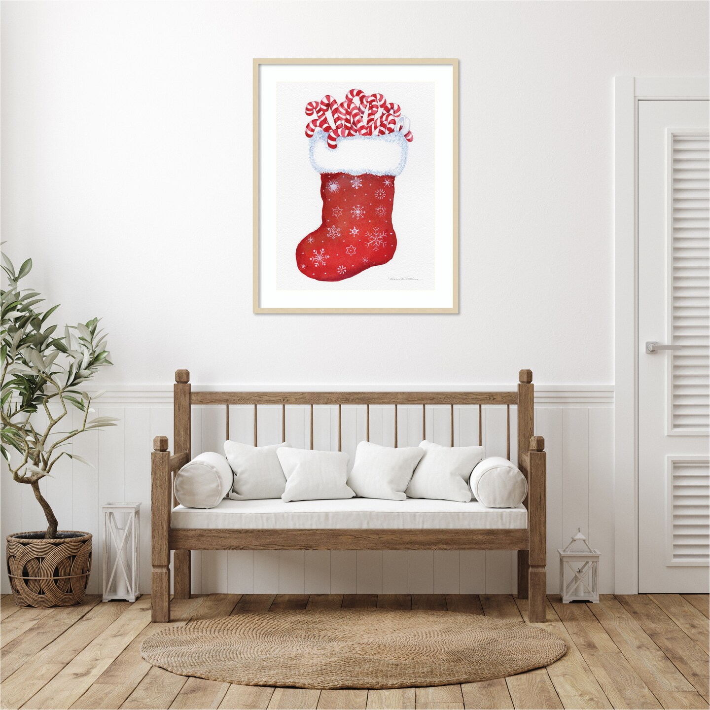 Candy Cane Stocking by Kathleen Parr Mckenna Wood Framed Wall Art Print