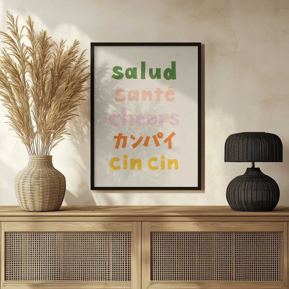 Cheers Typography - Salud Sant&#xE9; Cheers Kanpai Cin cin - Rio Sol&#xE9;y 24x36 Black Framed Art | Home or Office Art