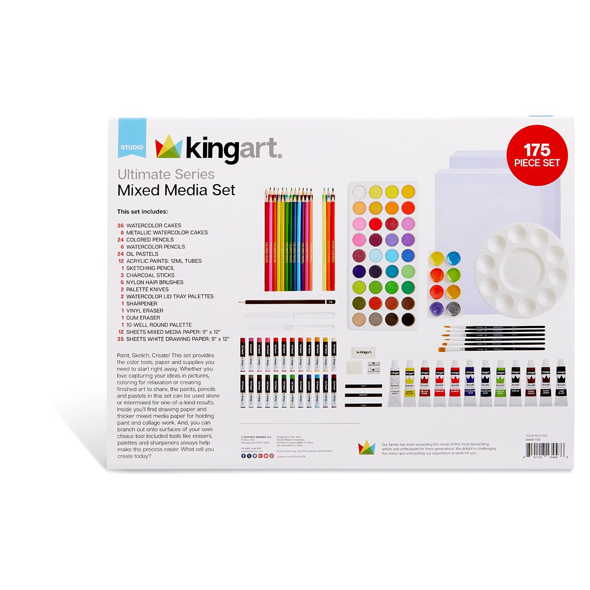 KINGART&#xAE; Mixed Media Art Set, Drawing, Painting &#x26; Sketching, 175 Pc.