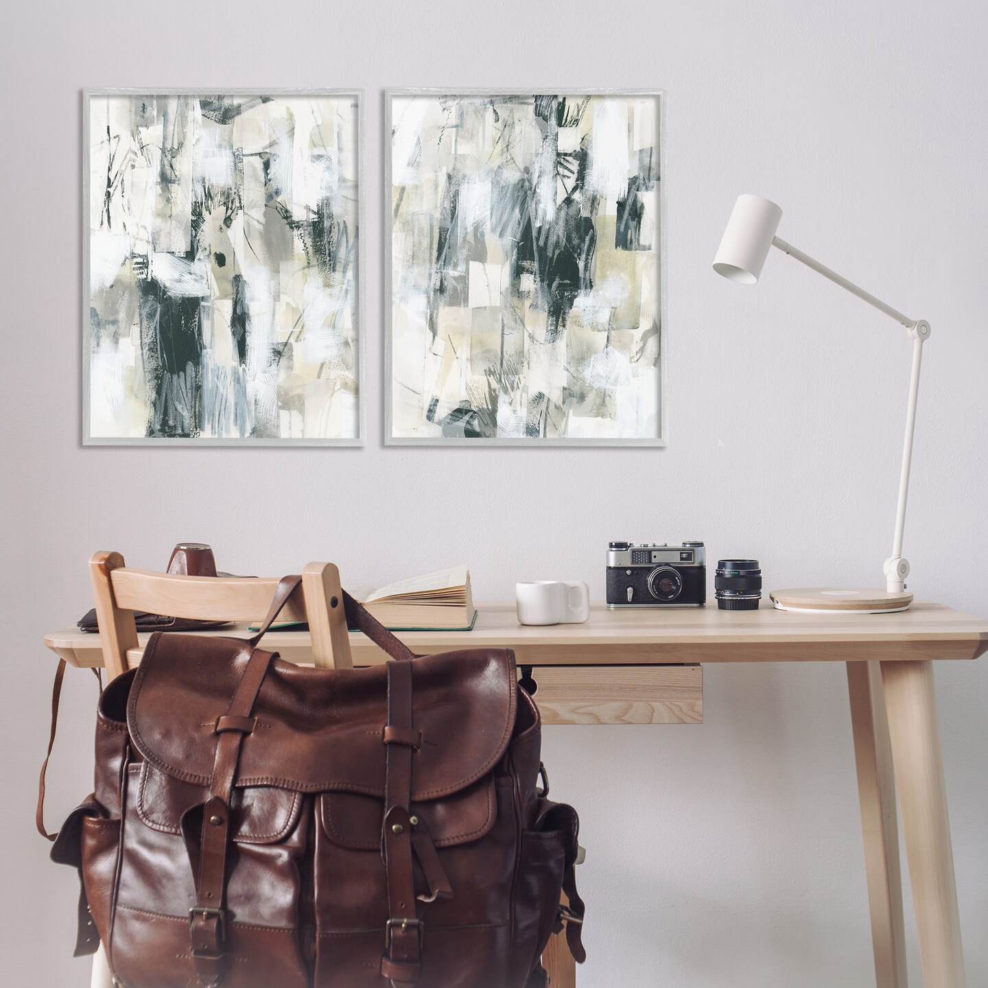 Stupell Industries Abstract Charcoal and Beige 2 pc Framed Giclee Wall Art Set Design by June Erica Vess