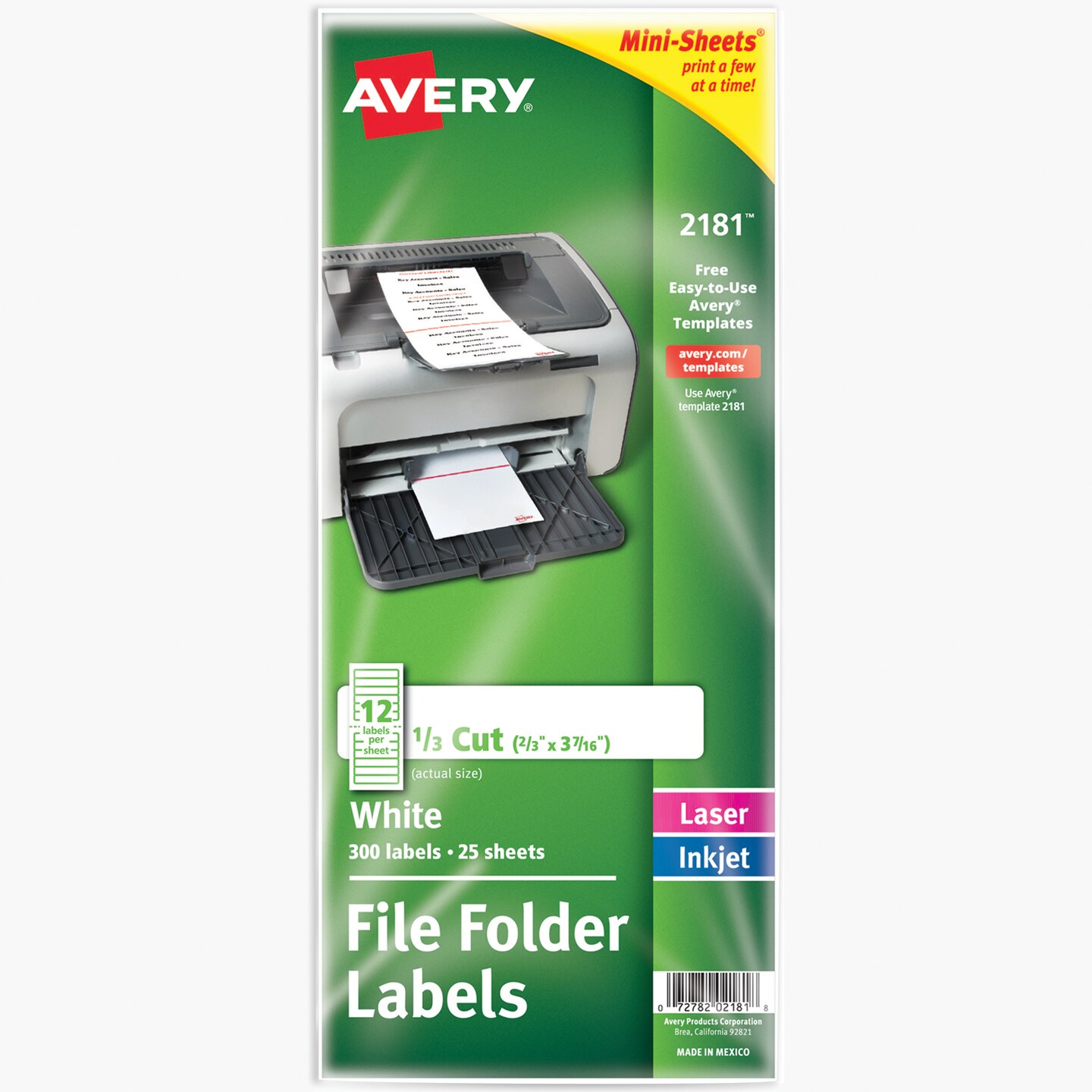 Avery Printable Mini-Sheets File Folder Labels, 2/3&#x22; x 3-7/16&#x22;, Matte White, Permanent Adhesive, Laser/Inkjet Printable, 300 Blank Filing Labels (2181)