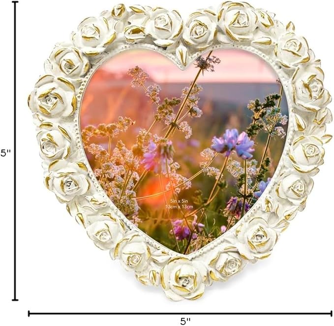 5x5 White with Gold Heart Shaped Rose Border Resin Frame, Photo Tabletop & Wall Display Hanging Display & Home Décor (5x5, White with Gold)