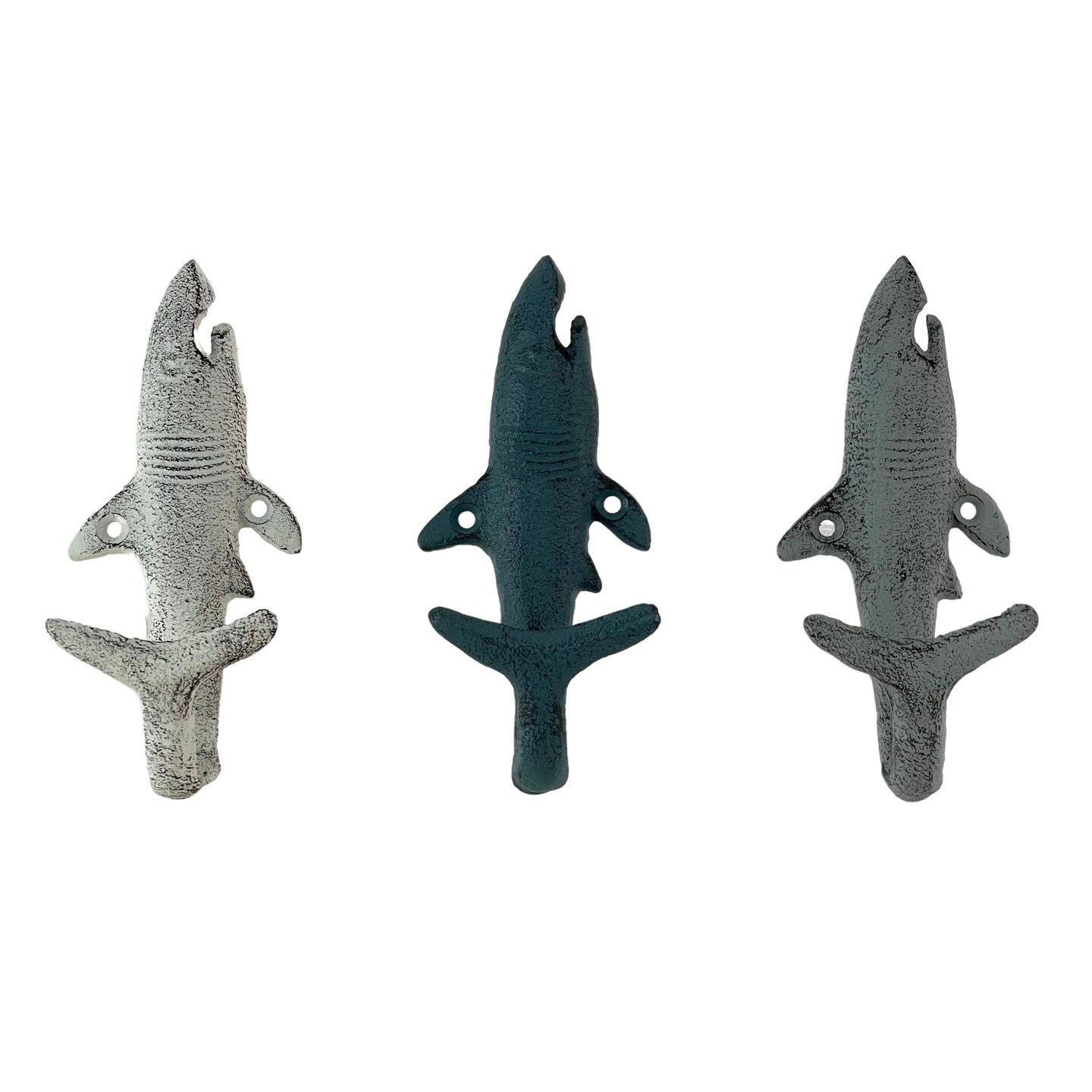 Set of 3 Shark Wall Hooks in Blue, Gray, White – Perfect for Nautical Themes