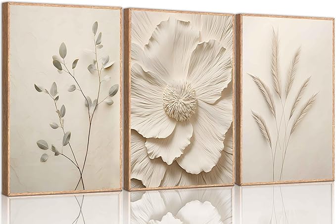 3Pcs Neutral Beige Floral Plant Canvas Wall art Textured Flower Botanical Painting Picture Wall Decor Vintage Blossom Poster Prints for Living Room Bedroom Bathroom Decoration Unframed