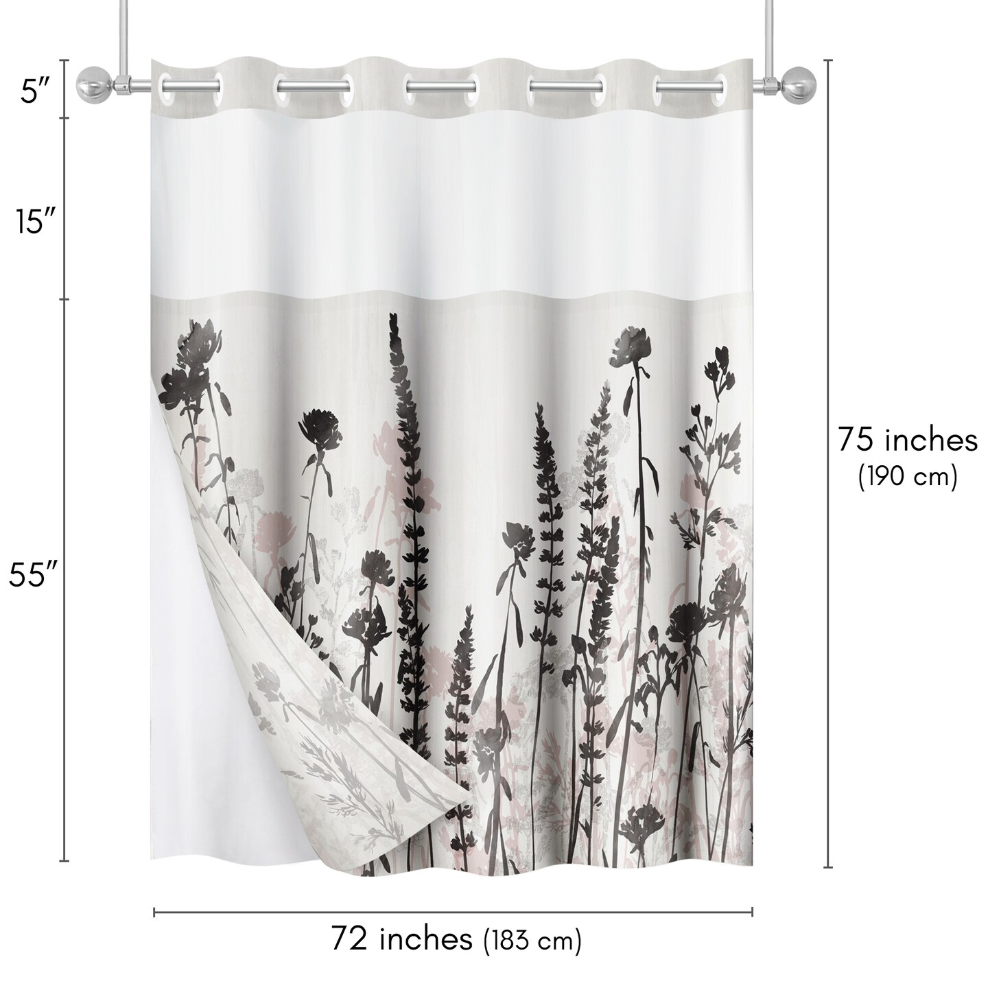 Americanflat 72x75 Hookless Shower Curtain - Floral Cream and Red Shower Curtain with Sheer Panel, Snap-In Liner, and Grommets - 100% Polyester
