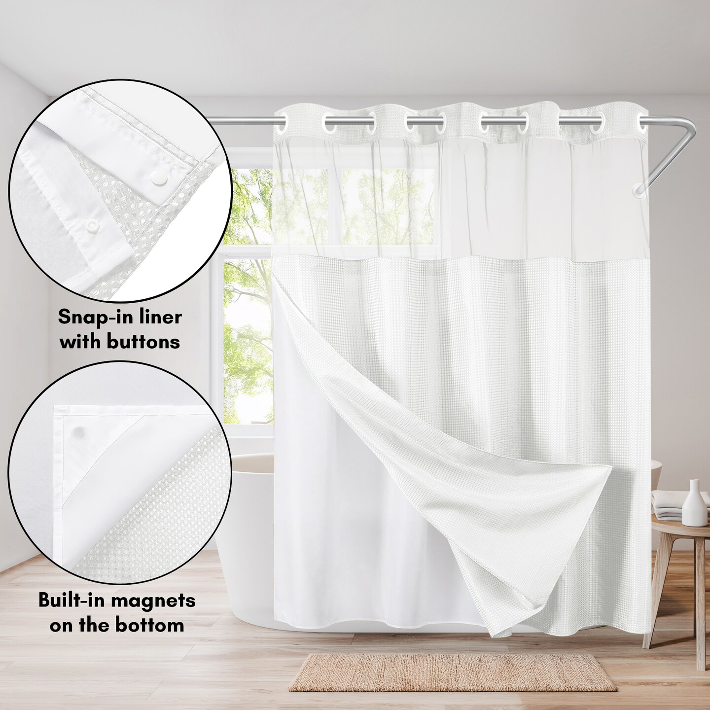 Americanflat 72x75 Hookless Waffle Pattern Shower Curtain - Water-Resistant Long Shower Curtain with Sheer Panel, Snap-In Liner, and Grommets