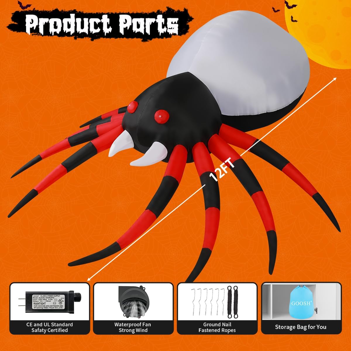 GOOSH 12 FT Width Halloween Inflatable Spider Outdoor Decoration with Magic Light