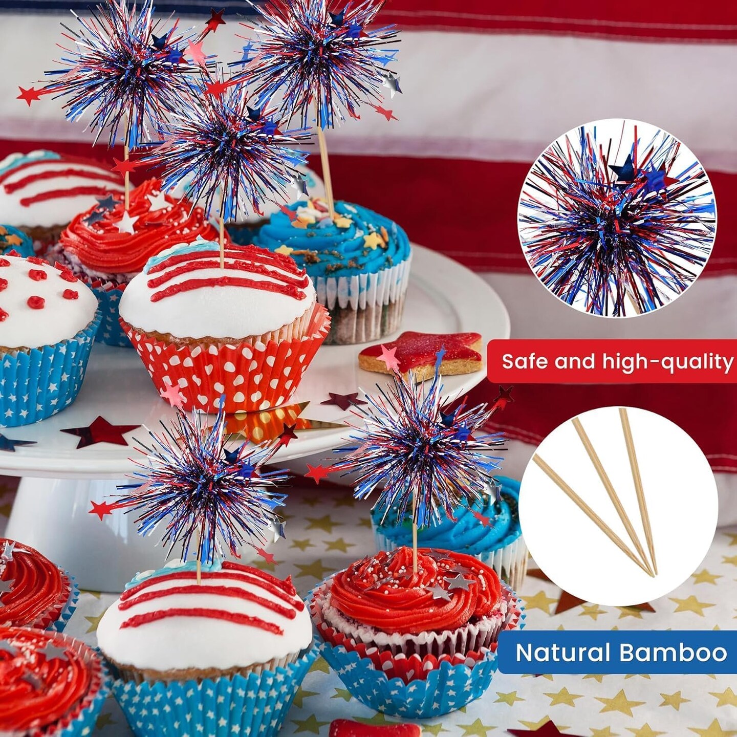 24Pcs American Patriotic Cupcake Toppers, 4th of July Foil Firework Cupcake Toppers Tinsel Drink CupCake Decoration Picks Independence Day Supplies Favor