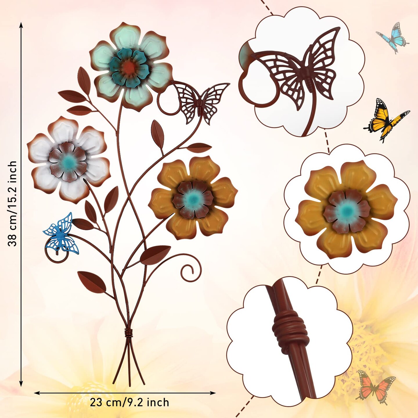 Moxweyeni Tricolor Flower Wall Decor Vintage Metal Wall Art Decor Rustic Hanging Wall Flowers Decorative Metal Floral Art for Home Living Room Bathroom Indoor Outdoor Decors, 15 x 9.1 Inch (1 Piece)