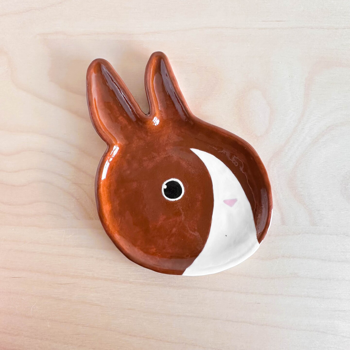 Brown and White Bunny Shaped Ceramic Ring Dish