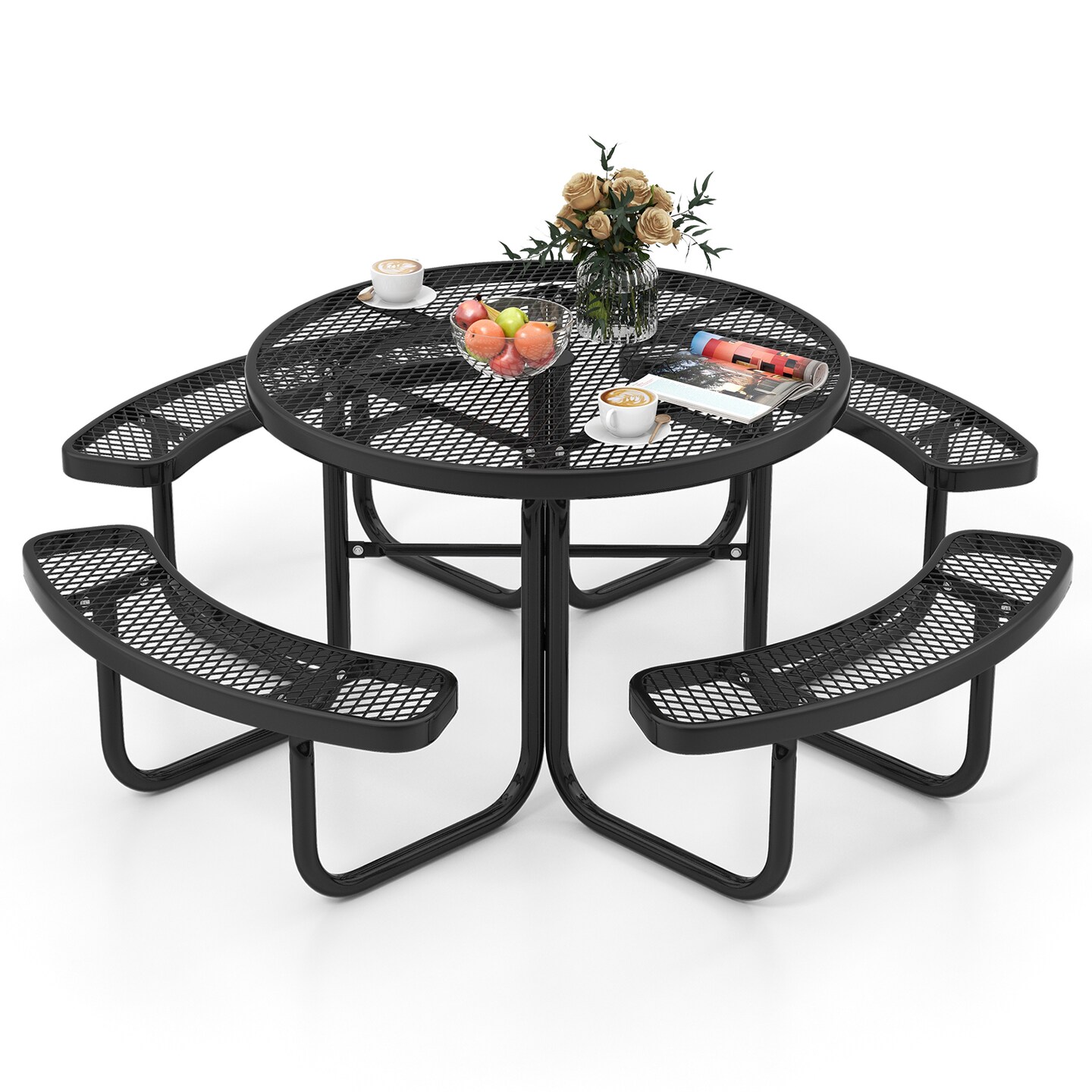 45&#x22; Outdoor Round Picnic Table &#x26; Bench Set for 8 with Umbrella Hole-Black - 80&#x22; x 80&#x22; x 30&#x22;