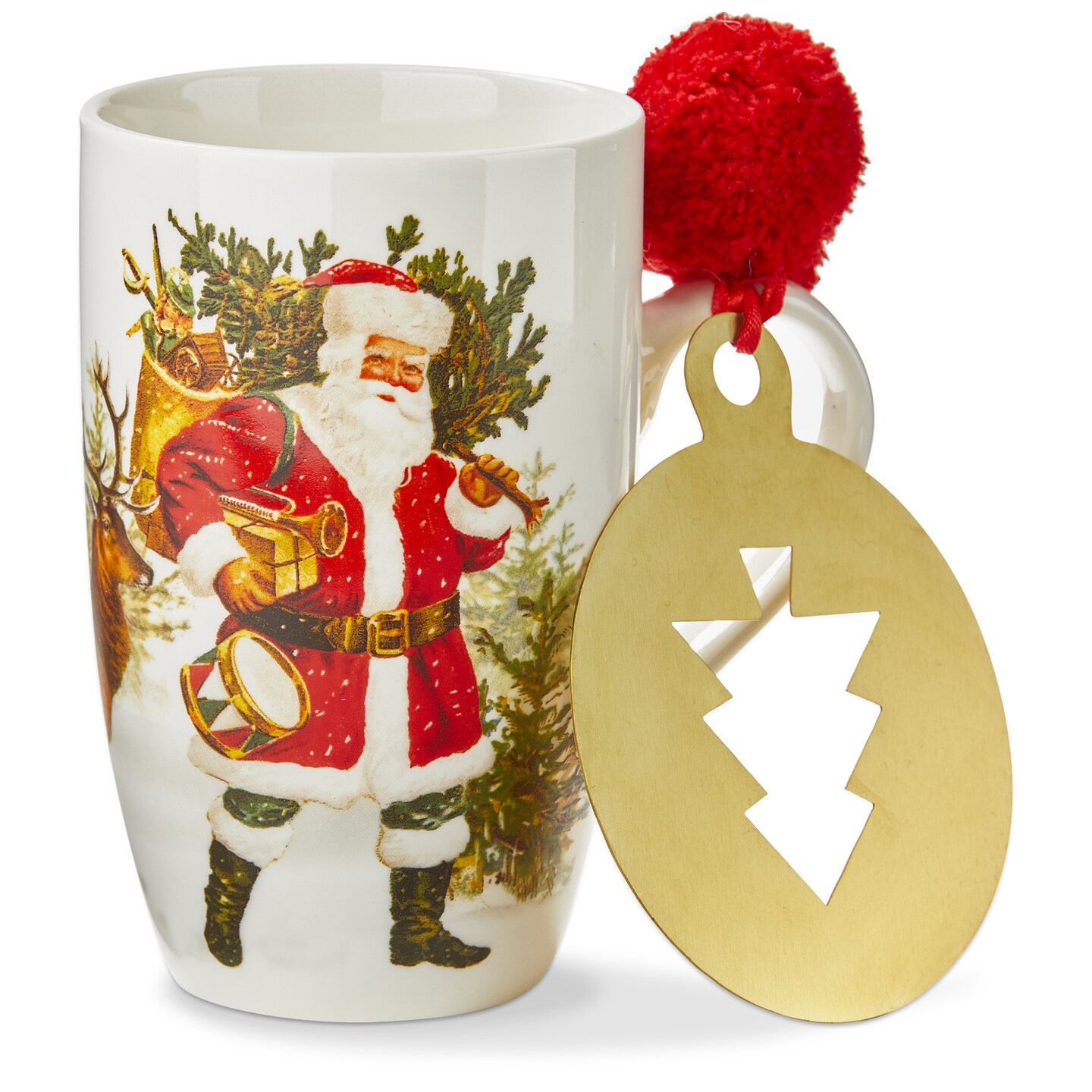 Vintage Santa and Deer Mug &#x26; Stencil Set - 18oz Bone China Drinkware for Christmas - Dishwasher Safe - White Multi