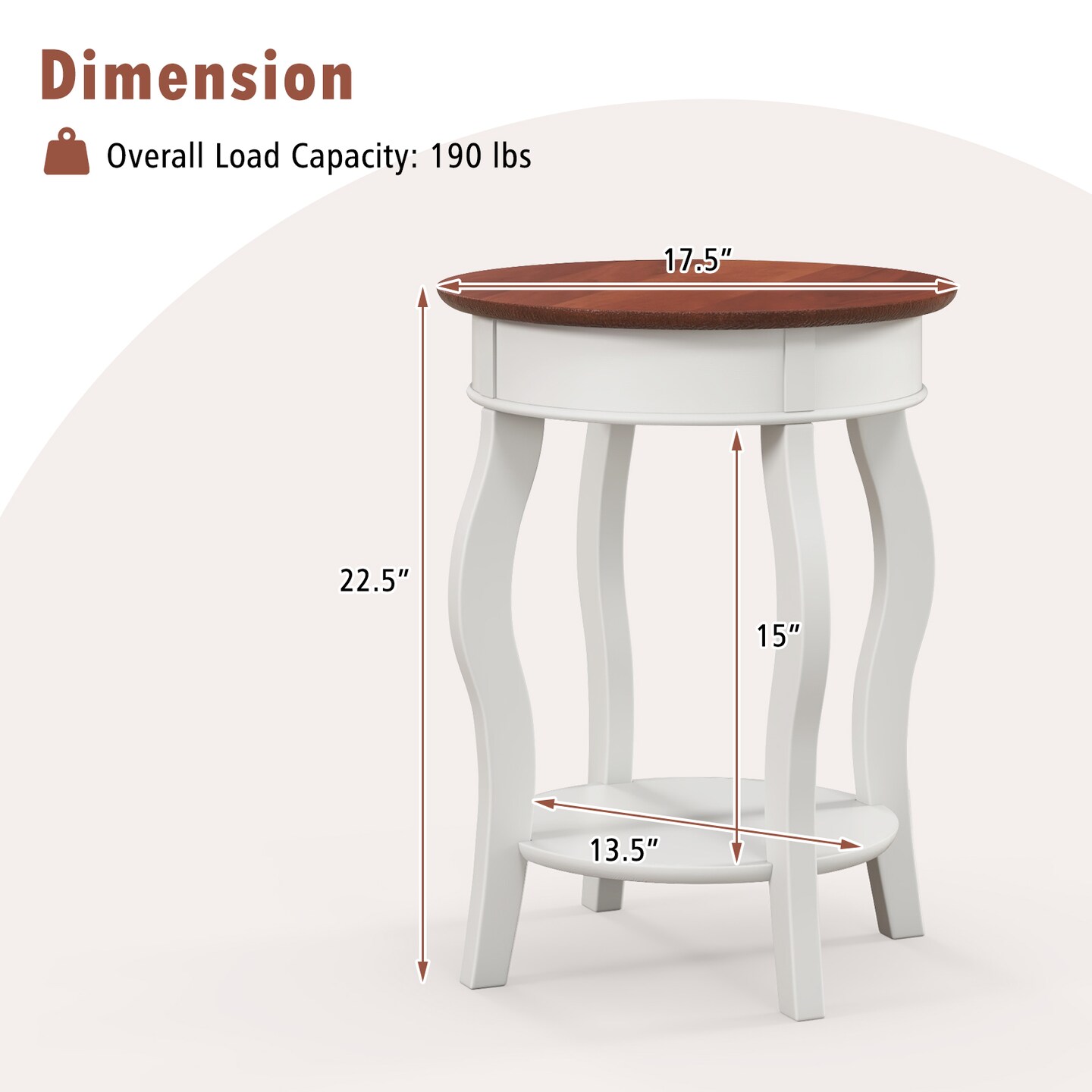 2-Tier Round End Table with Storage Shelf and Solid Rubber Wood Legs-Walnut &#x26; White