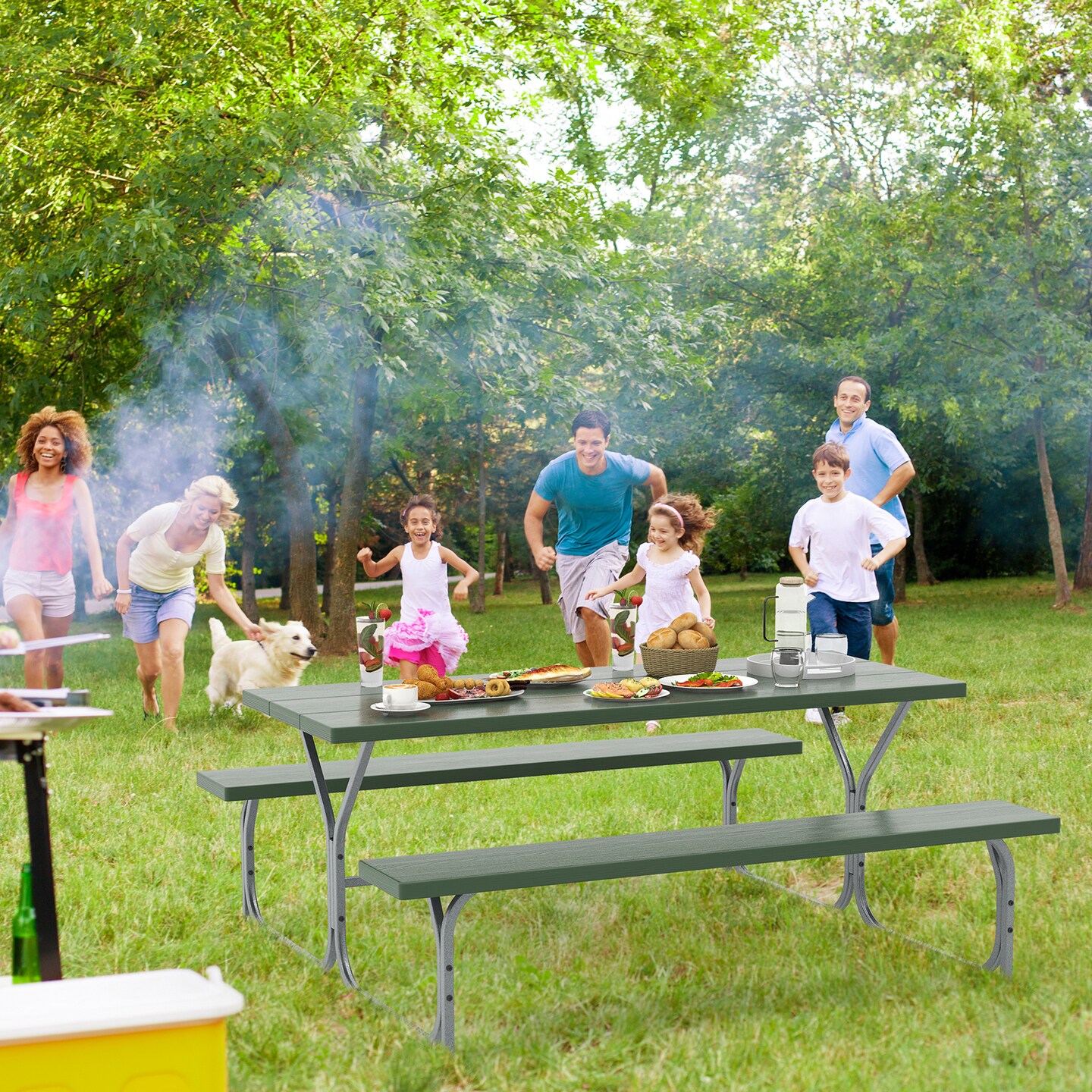 6 FT Picnic Table Bench Set Dining Table and 2 Benches with Metal Frame and HDPE Tabletop