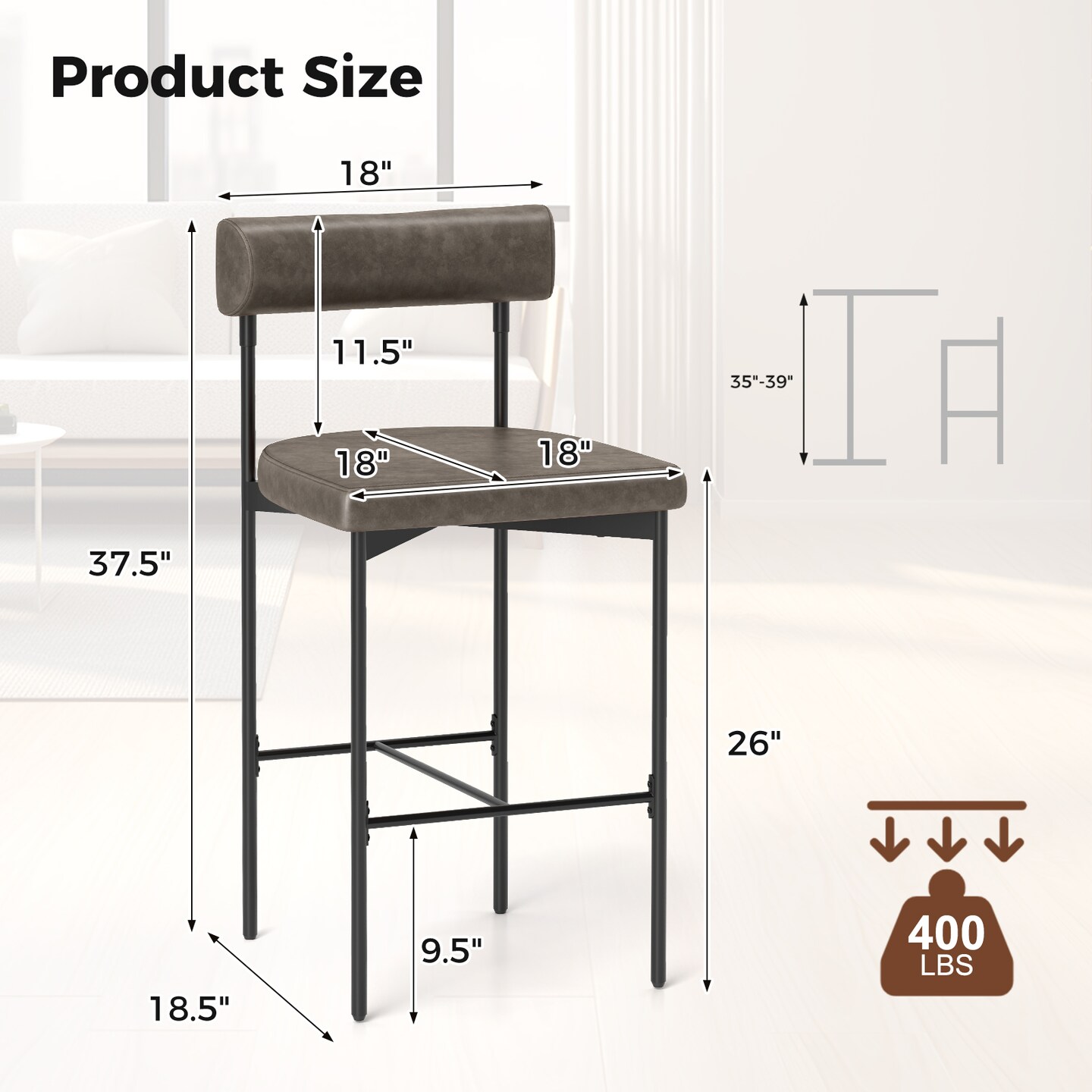 Set of 2 20-Inch Upholstered Bar Stools with Backrest for Counter Height Seating