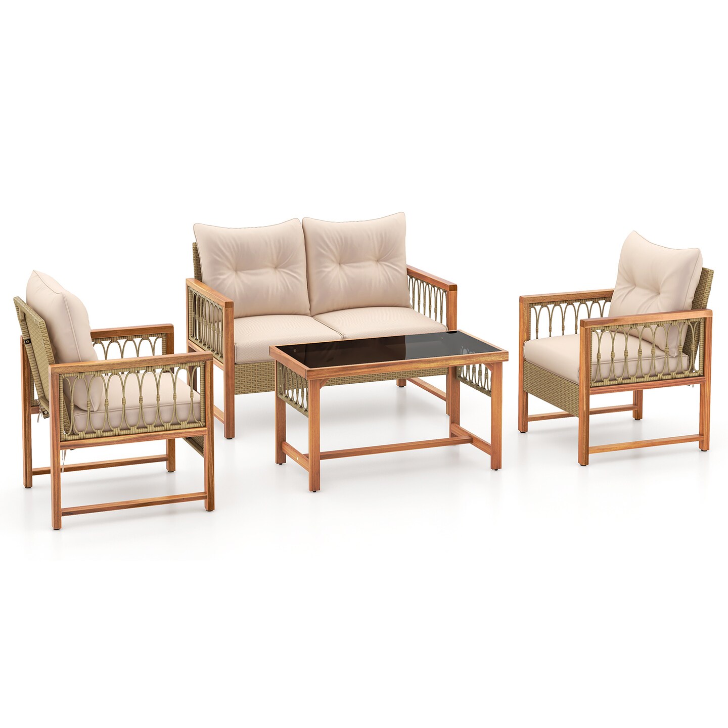 4 Pieces Outdoor Patio PE Wicker Conversation Bistro Set with Acacia Wood Frame-Brown