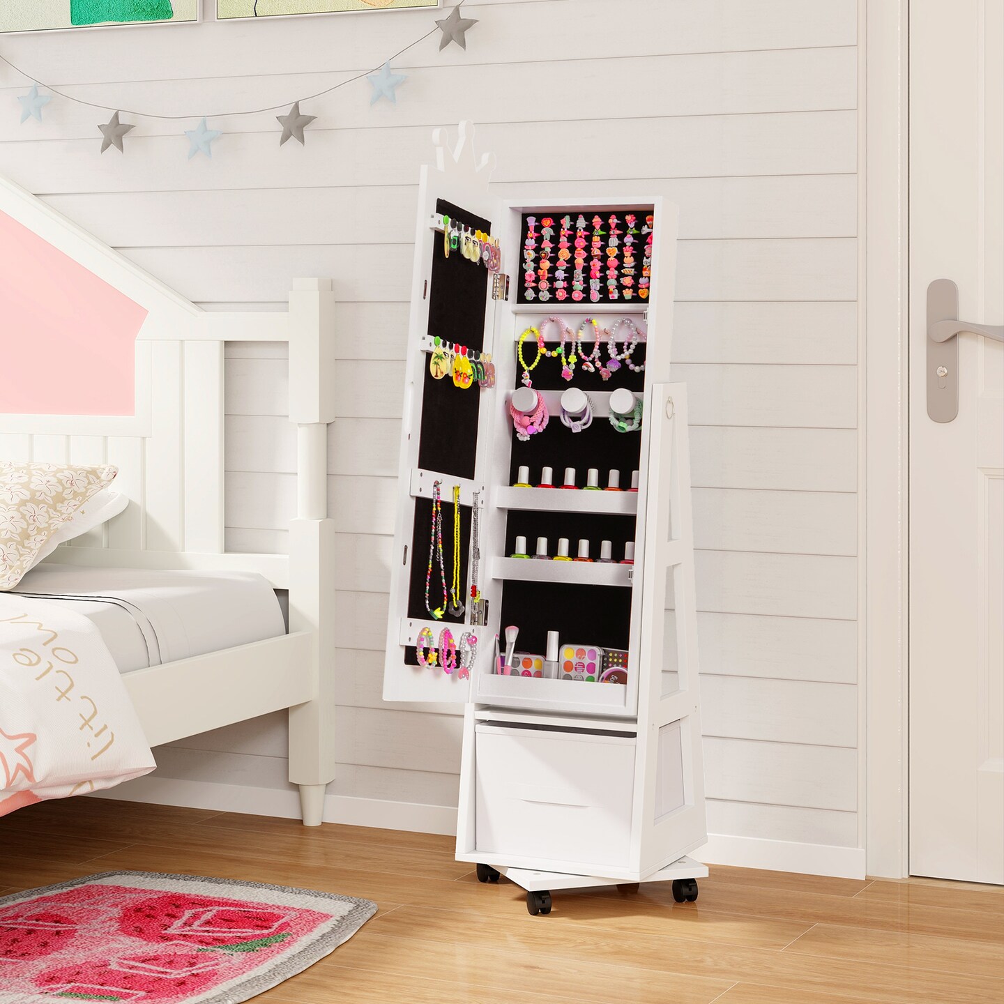 Kids Jewelry Armoire Cabinet with Swivel Base and Lockable Universal Wheels