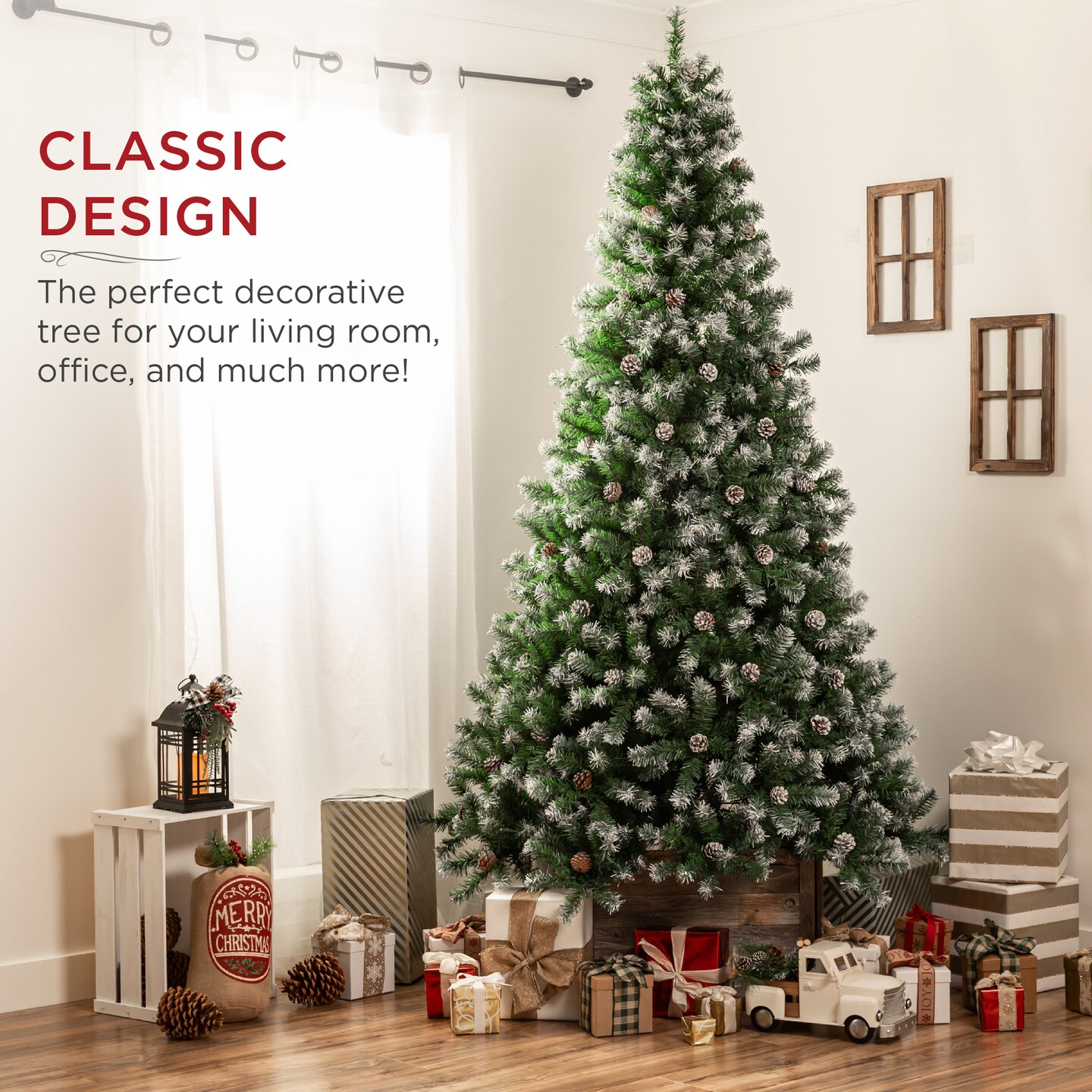 Best Choice Products Pre-Decorated Holiday Christmas Pine Tree w/ Branch Tips, Partially Flocked, Metal Base