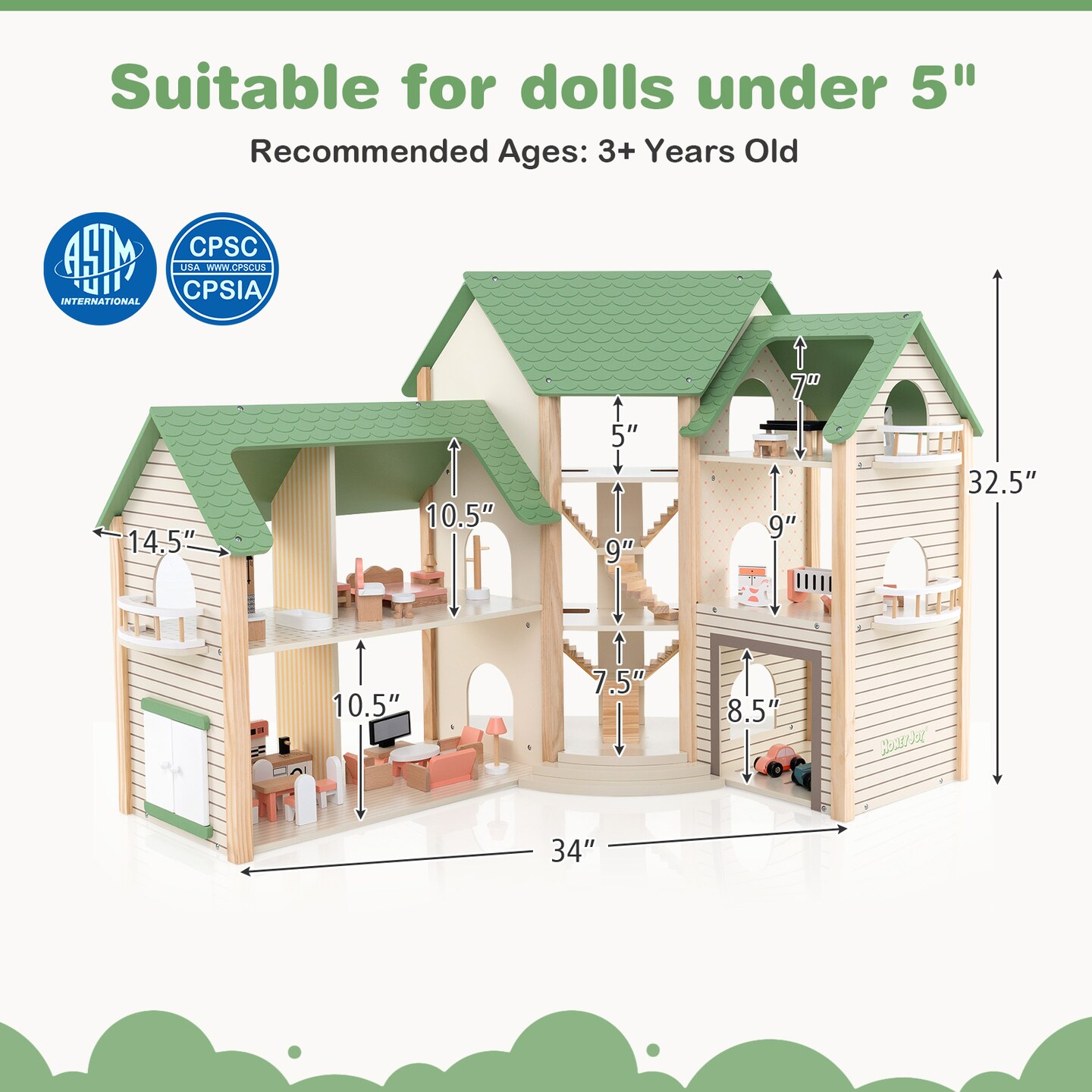 Wooden Corner Dollhouse Playset with 6 Rooms and 36 Pieces for Kids 3+ Years Old - 34&#x22; x 14.5&#x22; x 32.5&#x22; (L x W x H)